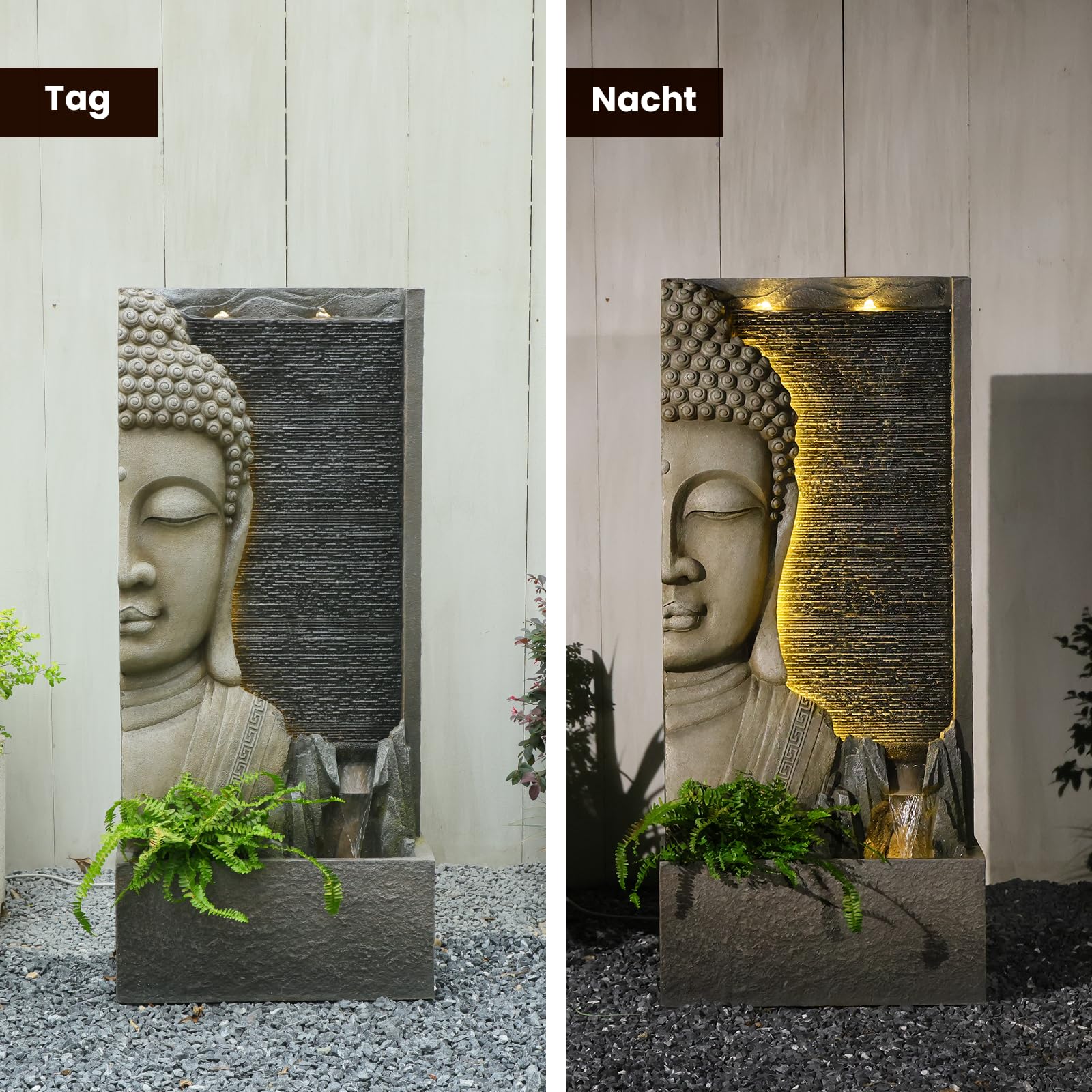 Sunlinua 117cmH Zen-Buddha Gartenbrunnen mit LED, Wasserfall mit Doppel-Bubblern und Bachlauf, Harz-Statue für Terrasse, Garten, Veranda, Meditations-Dekor, Grau