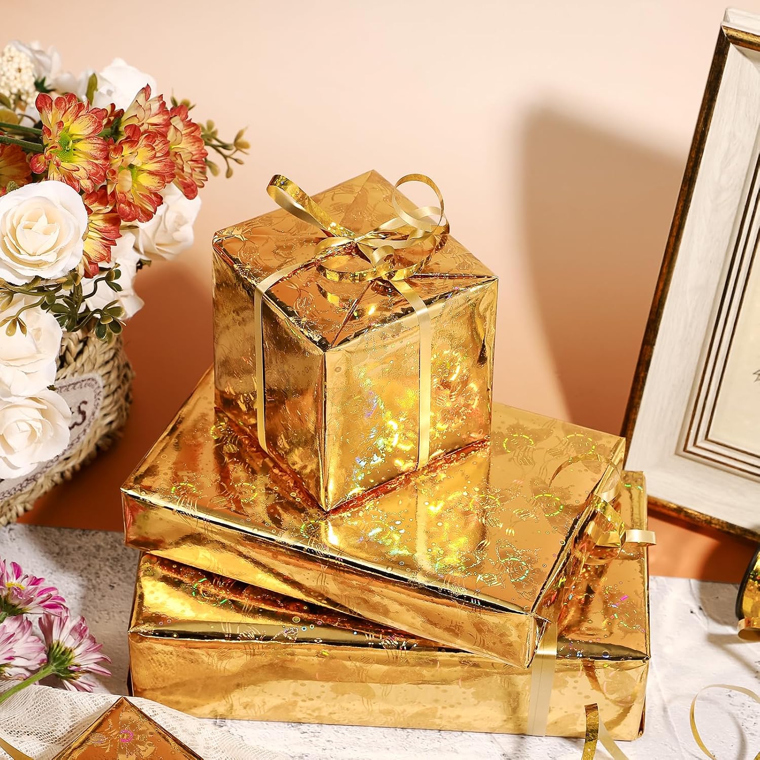 LeZakaa Holographic Wrapping Paper Roll, Gold Gift Wrap with Shiny Butterfly Pattern Metallic Foil for Birthday, Christmas, New Year, Wedding, Anniversary Valentines, Mini Roll 17 in x 32.8 ft image 4