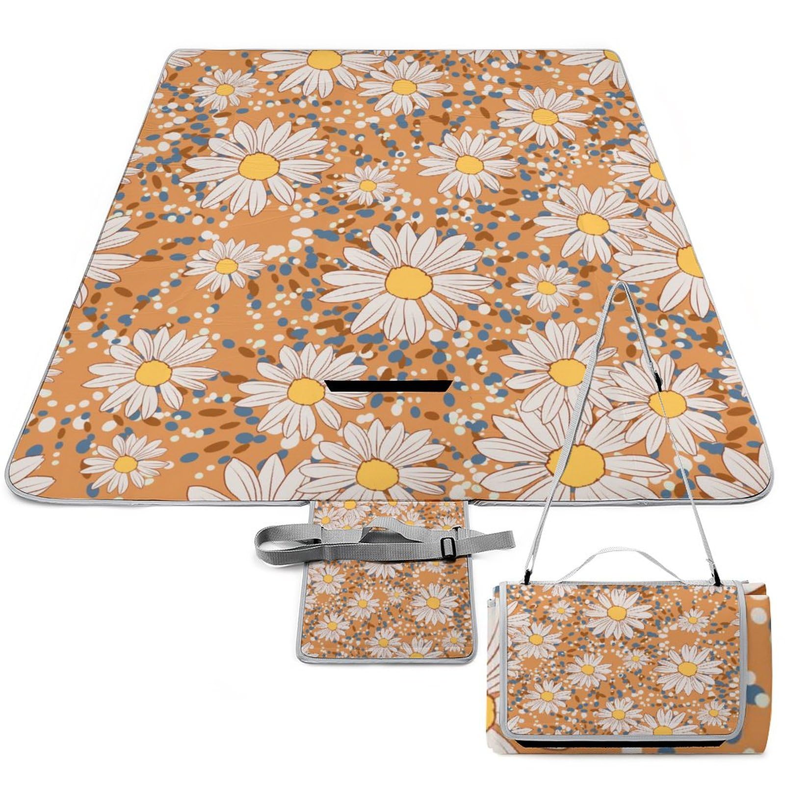 Beautiful Flower Pattern Picnic Blanket Waterproof Foldable, Large Outdoor Picnic Blanket Beach Blankets Camping Blanket Travel Mat, Shoulder Strap Tote, Rectangle 58x58in