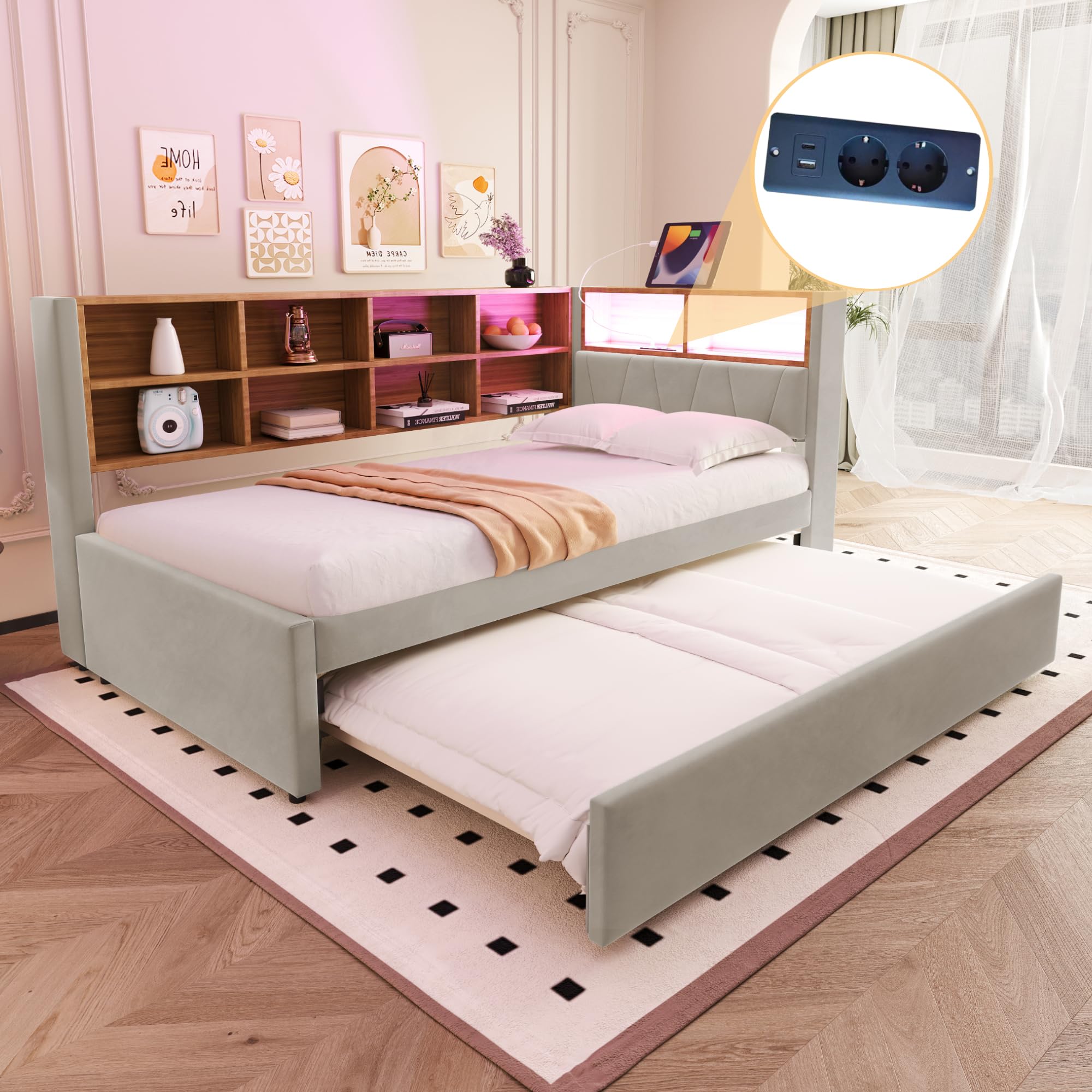 Tagesbett Schlafsofa 90x200 cm, Polsterbett Multifunktionsbett mit Ausziehbarem Bett 90x190 cm&USB-Steckdose&LED Leuchten& Mehreren Ablagefächern, Einzelbett mit Lattenrost, Ohne Matratze, Hellgrau