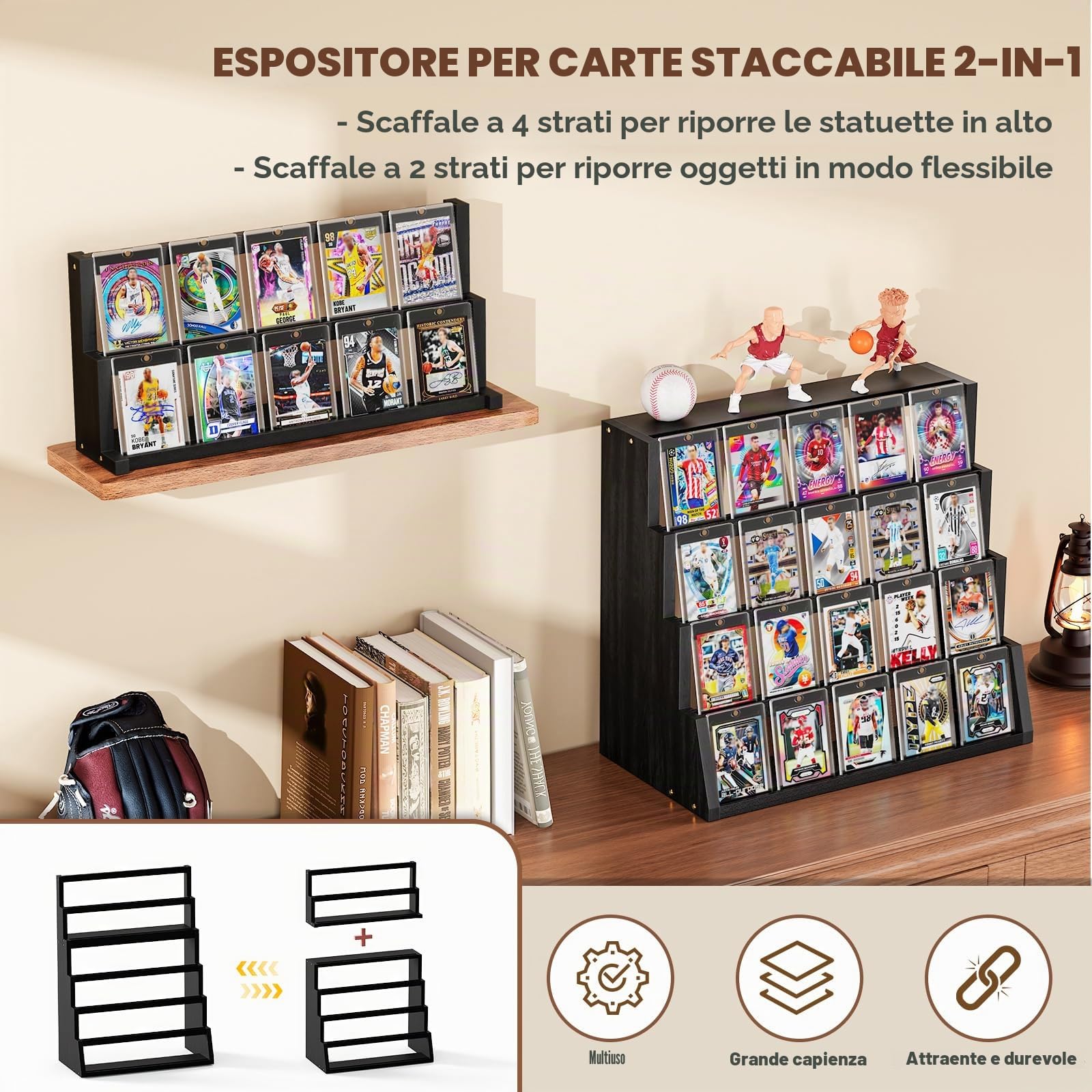 Display per Carte da Collezione, Supporto in Legno a 6 Livelli per Carte da Collezione, Supporto per Carte da Baseball con Porta Carte e Scompartimenti Regolabili per la Raccolta e