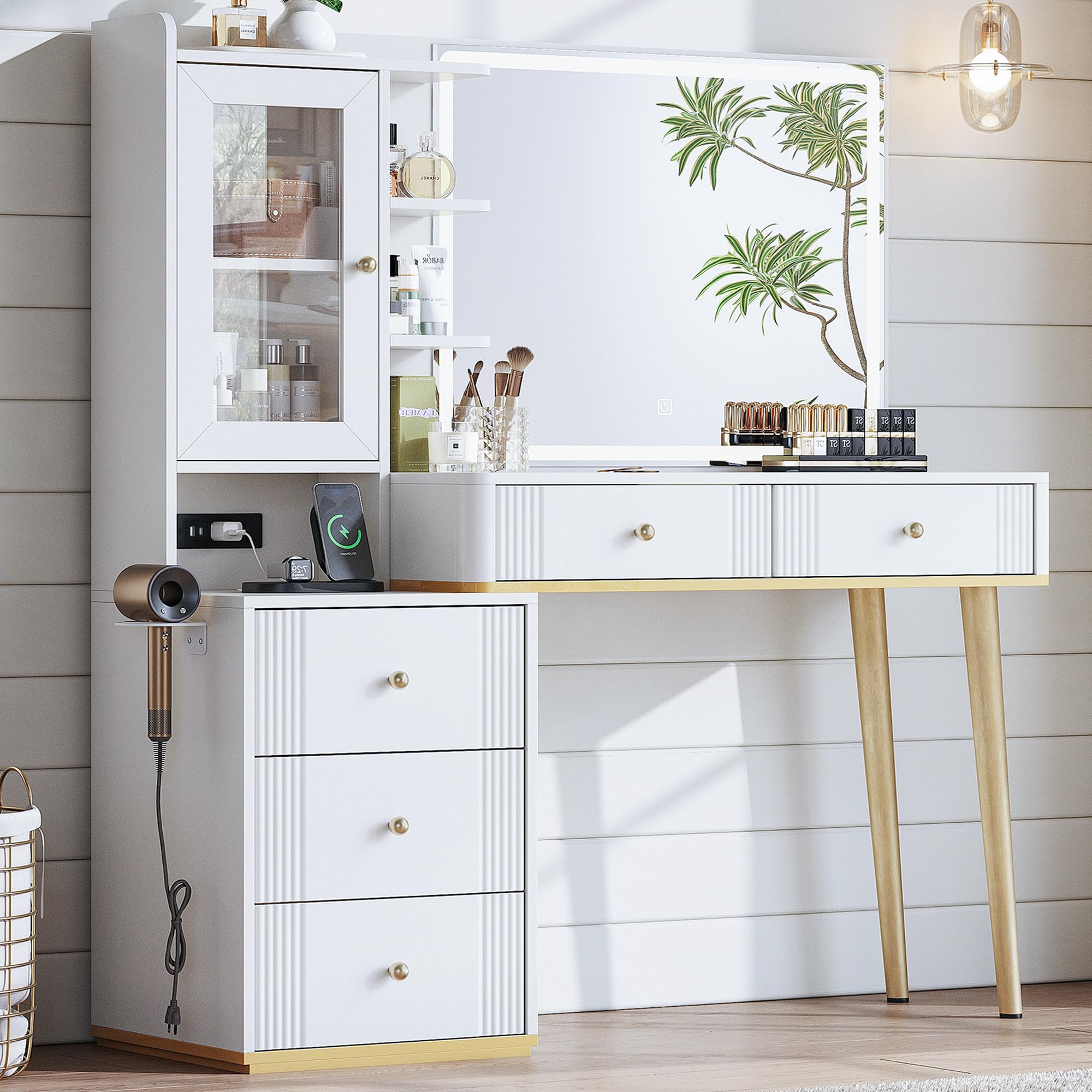 LINSY WFVN002 Vanity Desk with LED mirror, glass top, and storage