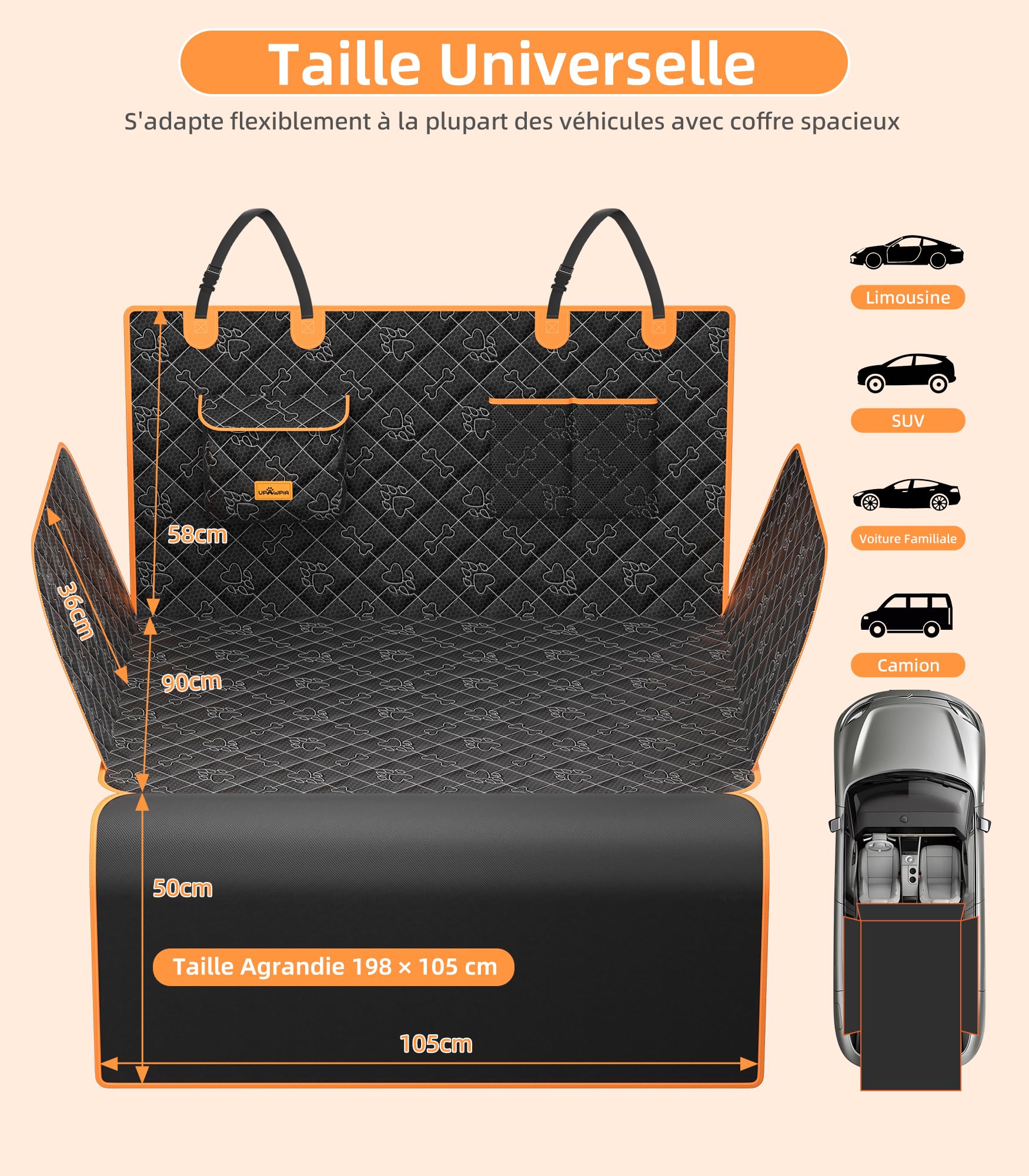 Protection Coffre Voiture Chien Imperméable Housse Coffre Voiture Chien avec Protection Latérale Pare-Chocs Bache Longue Tapis Coffre pour Universelle Voitures SUV Camion 198 * 105 * 36cm