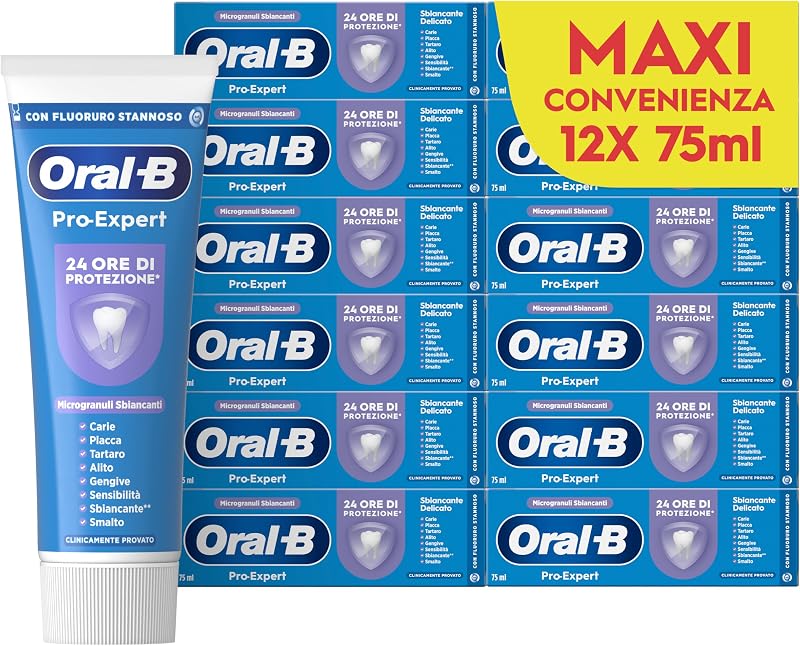 Oral-b Dentifricio Pro-expert Sbiancante Delicato 12x75ml, Formato Convenienza, Dentifricio Sbiancante Denti, Clinicamente Provato, Pulizia Denti Efficace, Alito Fresco Sapore Menta Piperita