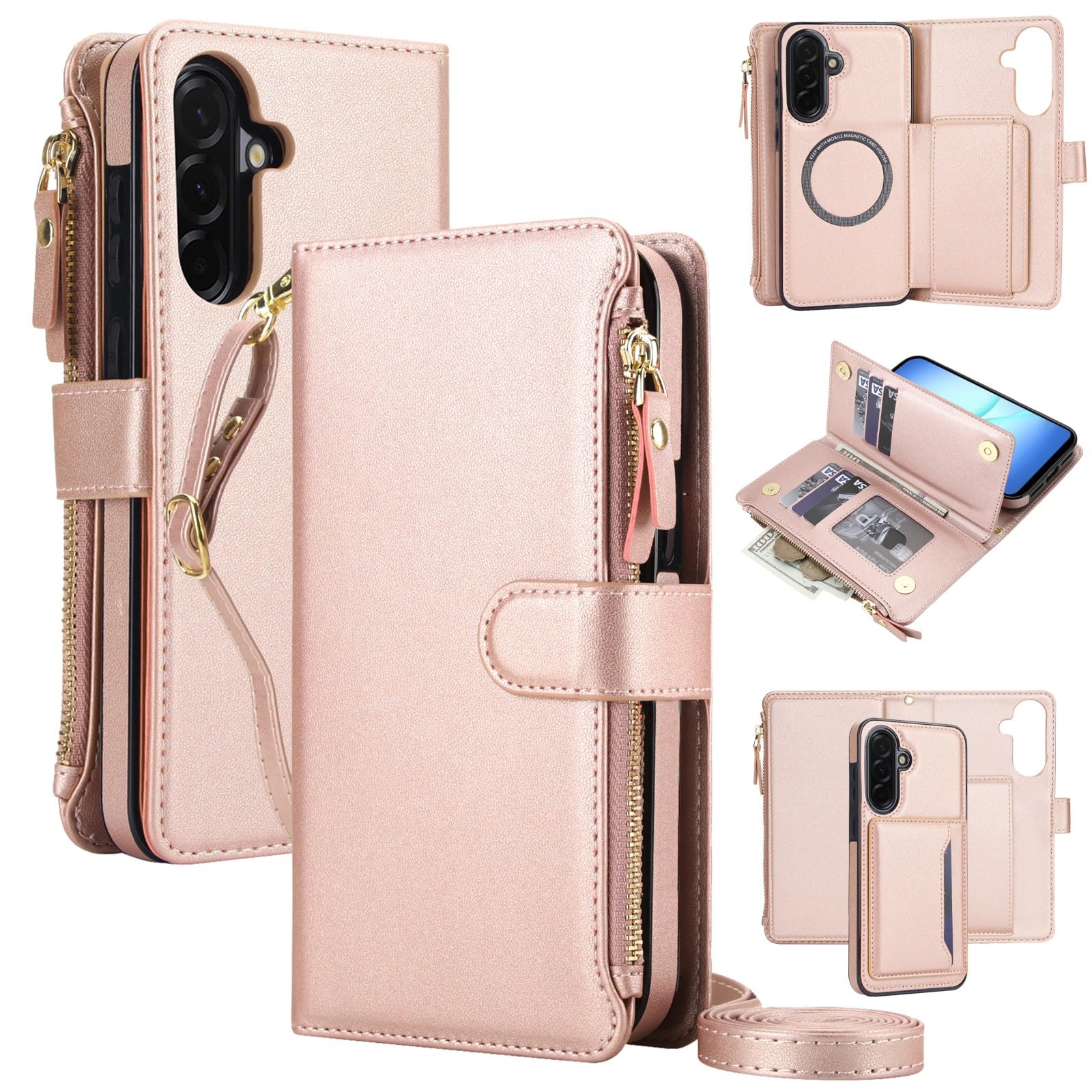 Generic Funda compatible con Samsung Galaxy A52 5G (color: oro rosa) funda de cuero extraíble con correa para el hombro