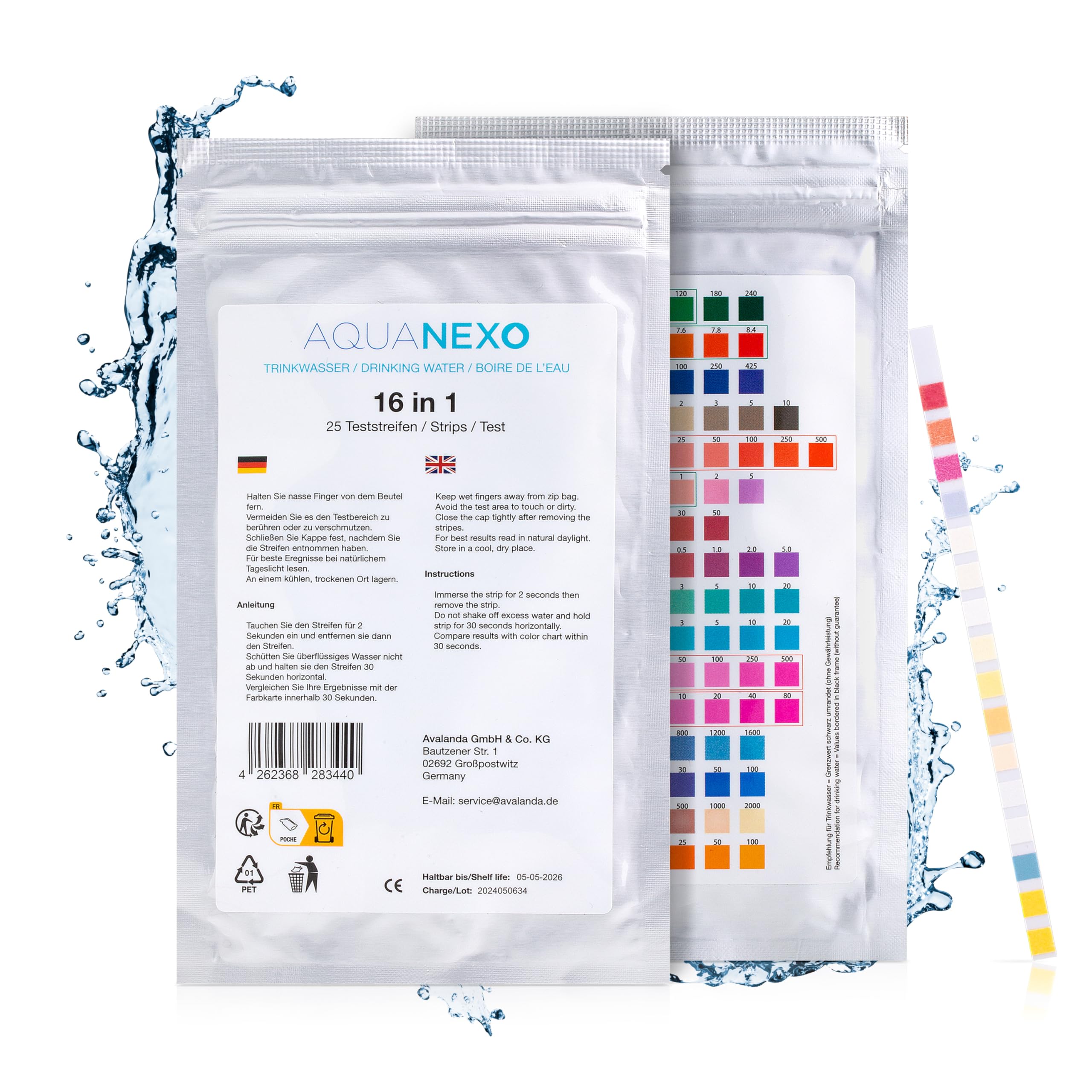 AQUANEXO 16-in-1 Wassertester – Trinkwasser Teststreifen, pH & Härte, 50 Stück