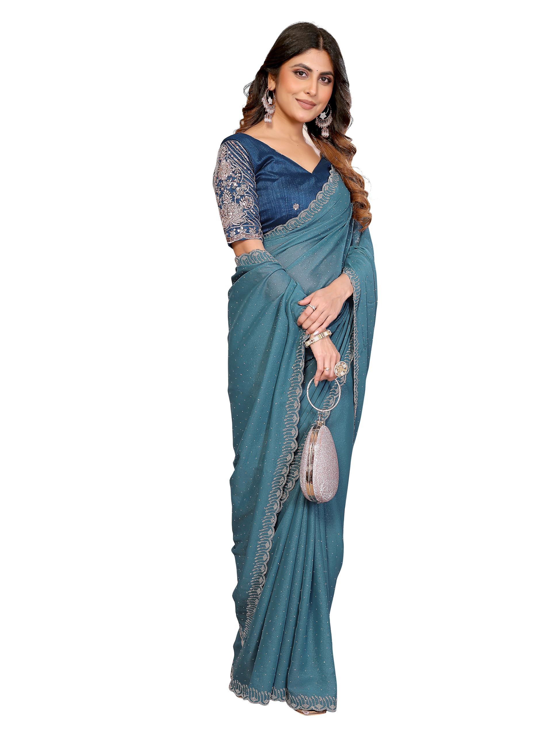 Star Georgette Saree with All Over Swarovski Work & Designer Beads & Sequin Embroidery Blouse Piece-image-22