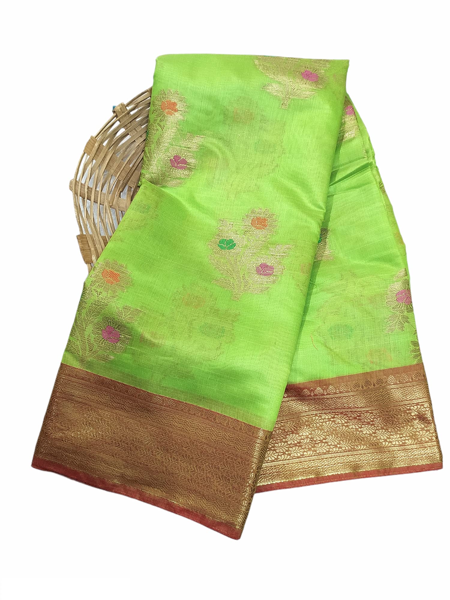 Rameshwaram FabricsWomen's Pure Cotton Saree Brasso Zari Work Fancy Looks, Light Green, 5.5m