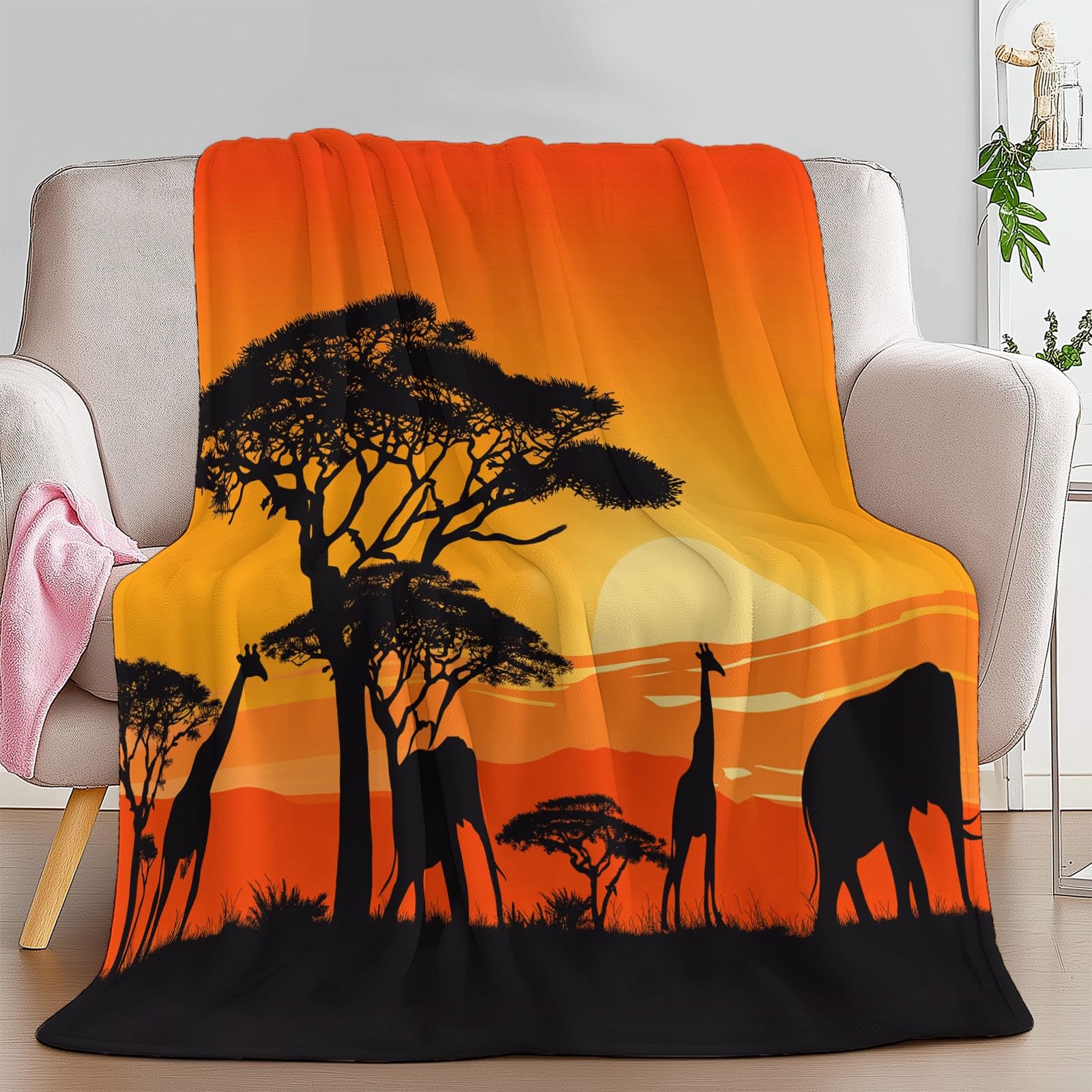 Superweich Warm Orangegelb Decke 150 x 200 cm, Afrika Savanne Tiere Leicht Gemütlich Flanell Überwurf Decke für Bett Couch Sofa Büro Dekoration - Damen und Herren