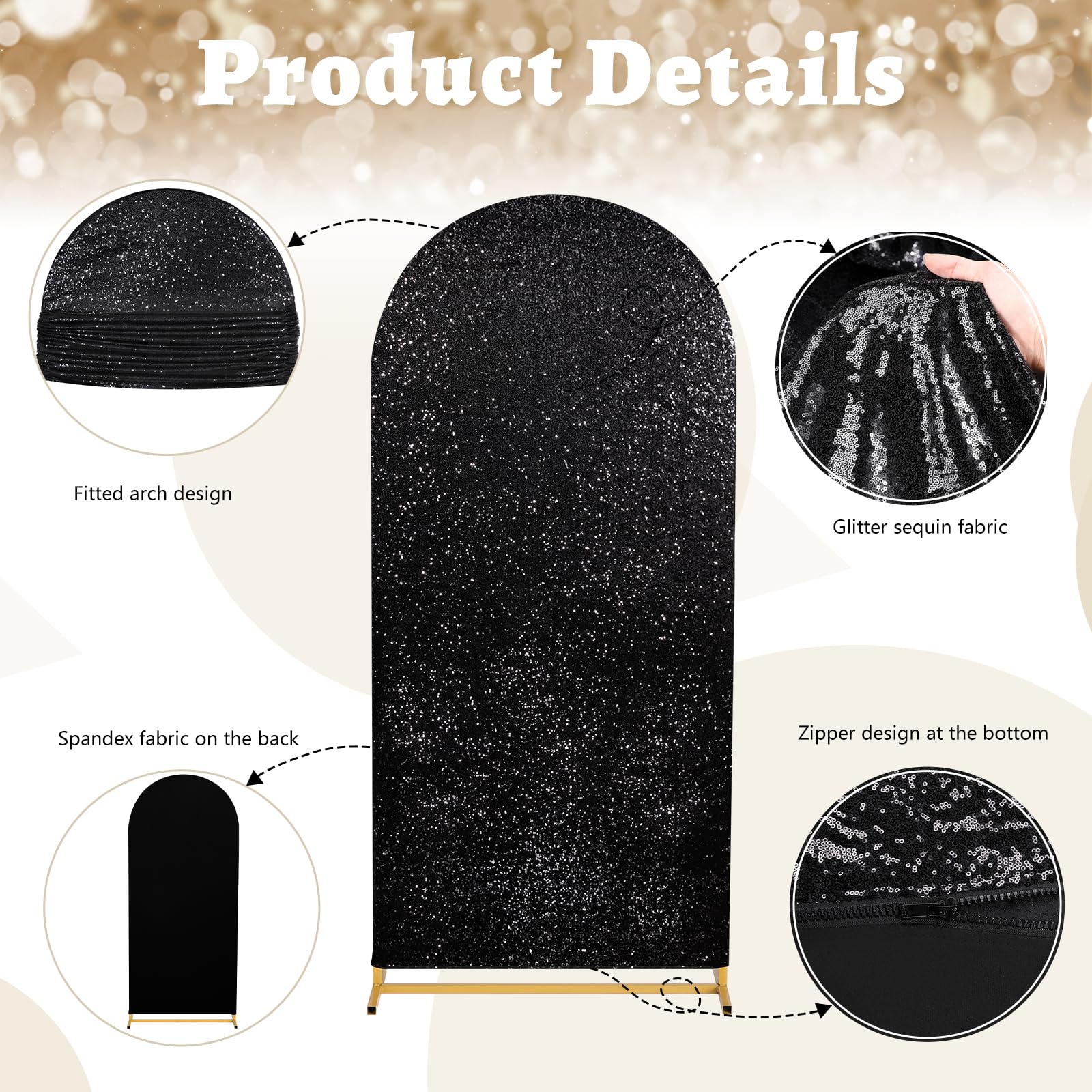 Copertura per sfondo ad arco con paillettes nere da 2,7 m, in tessuto scintillante, per feste, matrimoni, decorazioni fotografiche