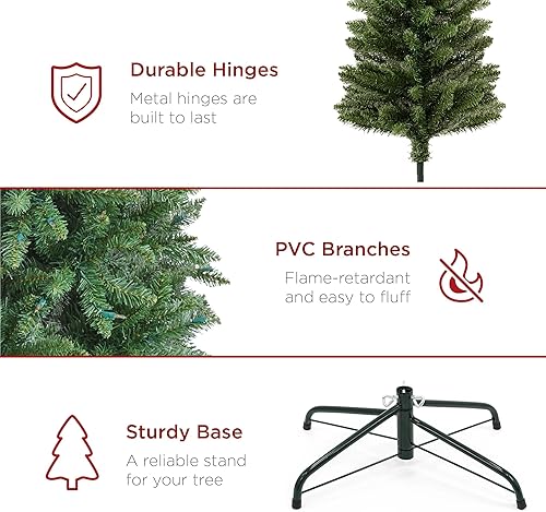 Miniatura 6 de Best Choice Products Árbol de Navidad preiluminado de 7.5 pies, decoración navideña delgada de abeto delgado con 1,075 puntas, 350 luces, bisagras