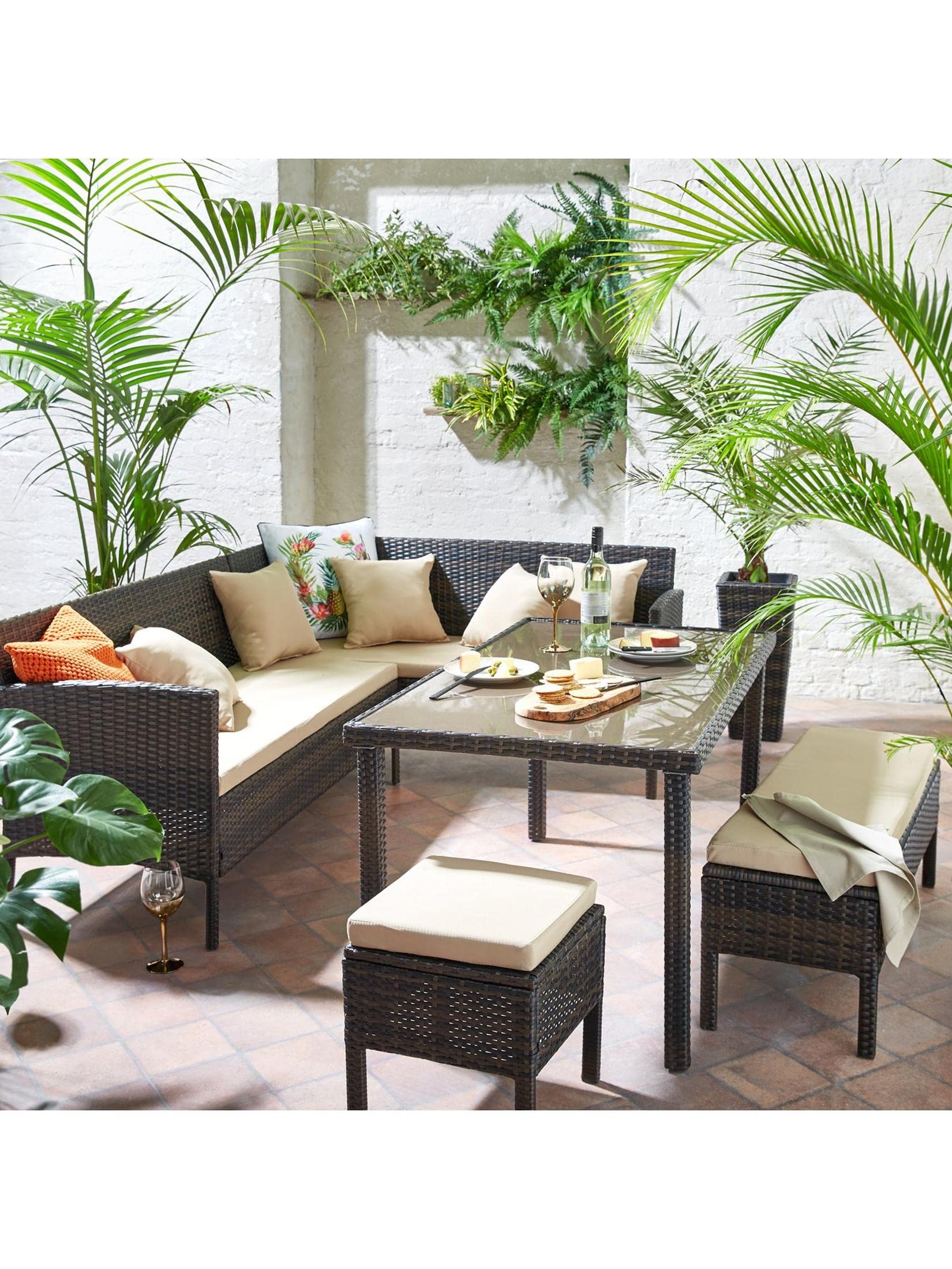 DEVOKO 5-Piece Outdoor Patio Furniture Dining Set All-Weather Wicker Conversation Set with Ottoman, (Dark Brown & Cream)-image-26
