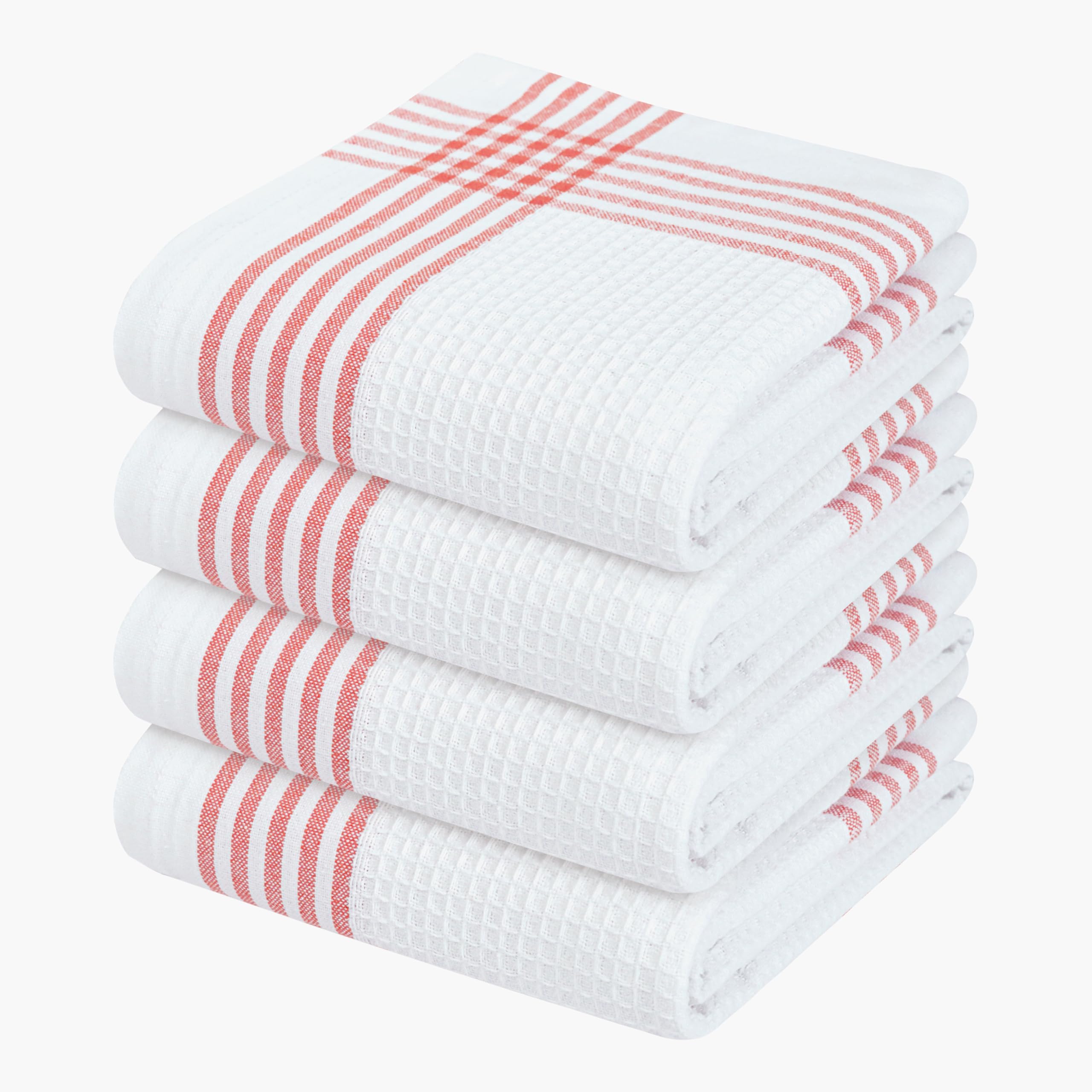 Waffle White &amp; Red Kitchen Dish Towels, Set of 4, 100% Cotton 16x26 inches, Absorbent Tea Towel, Multi-Purpose Hand Cleaning Towel, Strong and Reusable Dish Cloths for Drying Dishes