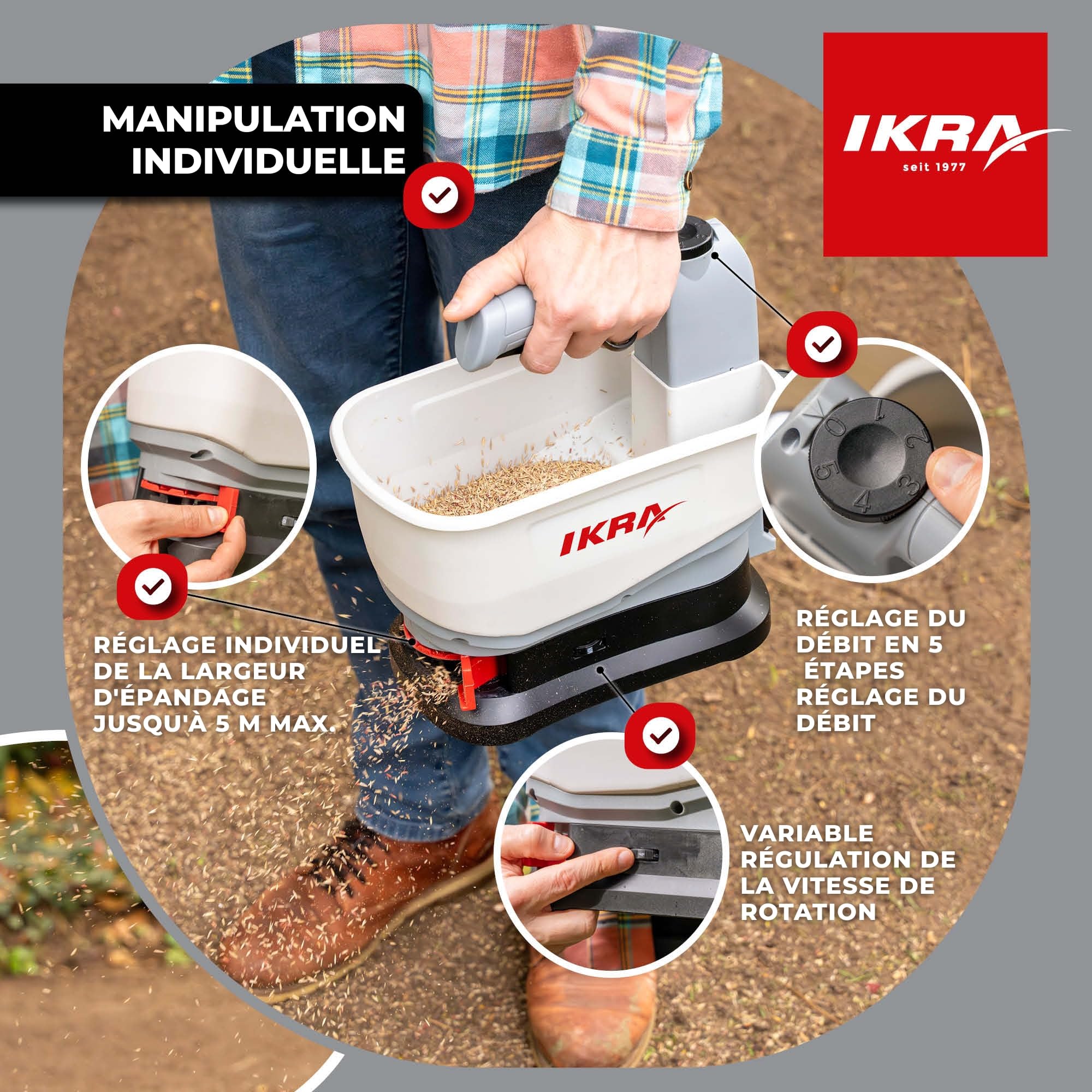 IKRA épandeur IAST 12, largeur d'épandage 5 m, batterie & chargeur incl.