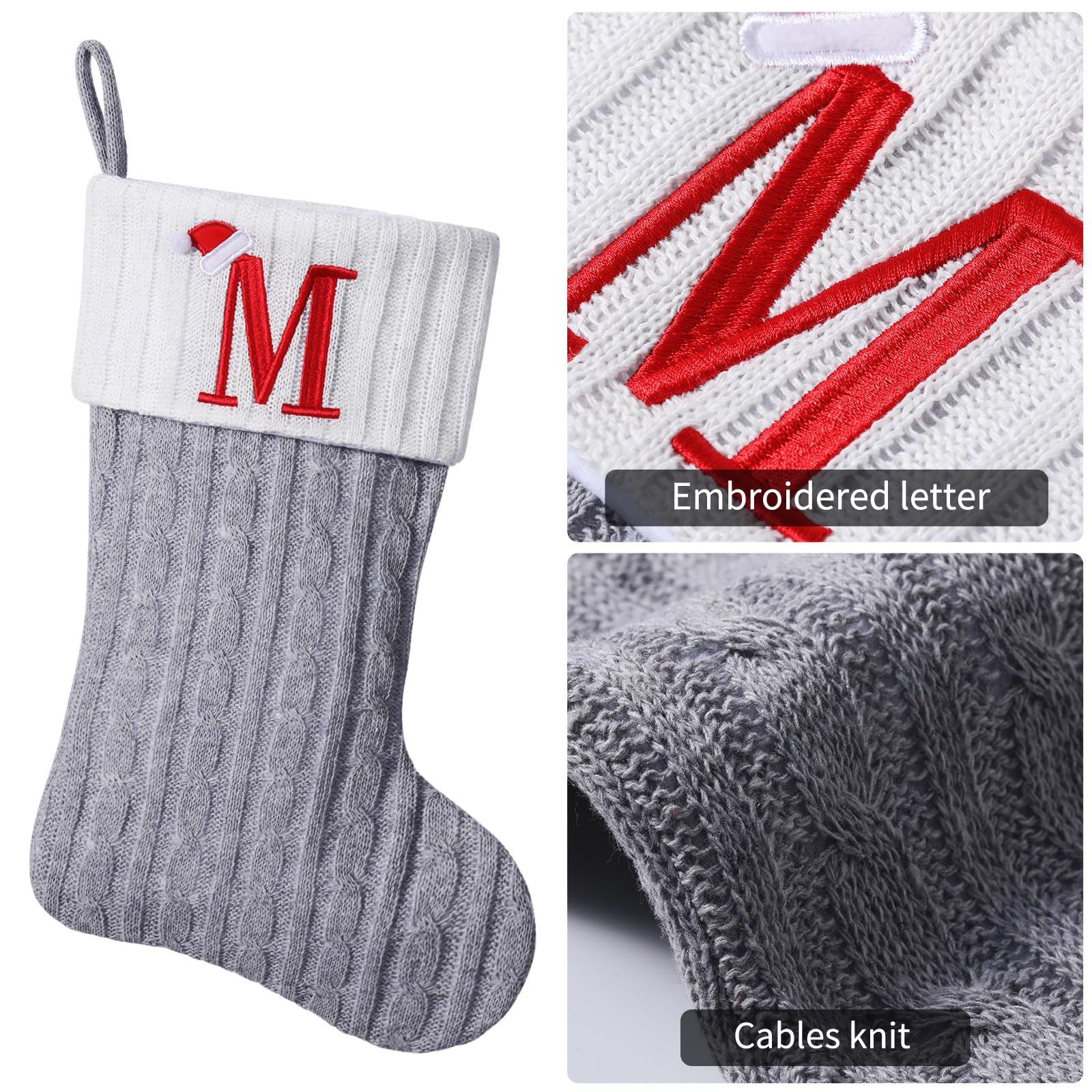 Yehnois 19.5-inch Grey Knit Monogram Christmas Stockings.Personalized Initial Christmas Stocking, Family Holiday Xmas Party Decor,Letter A