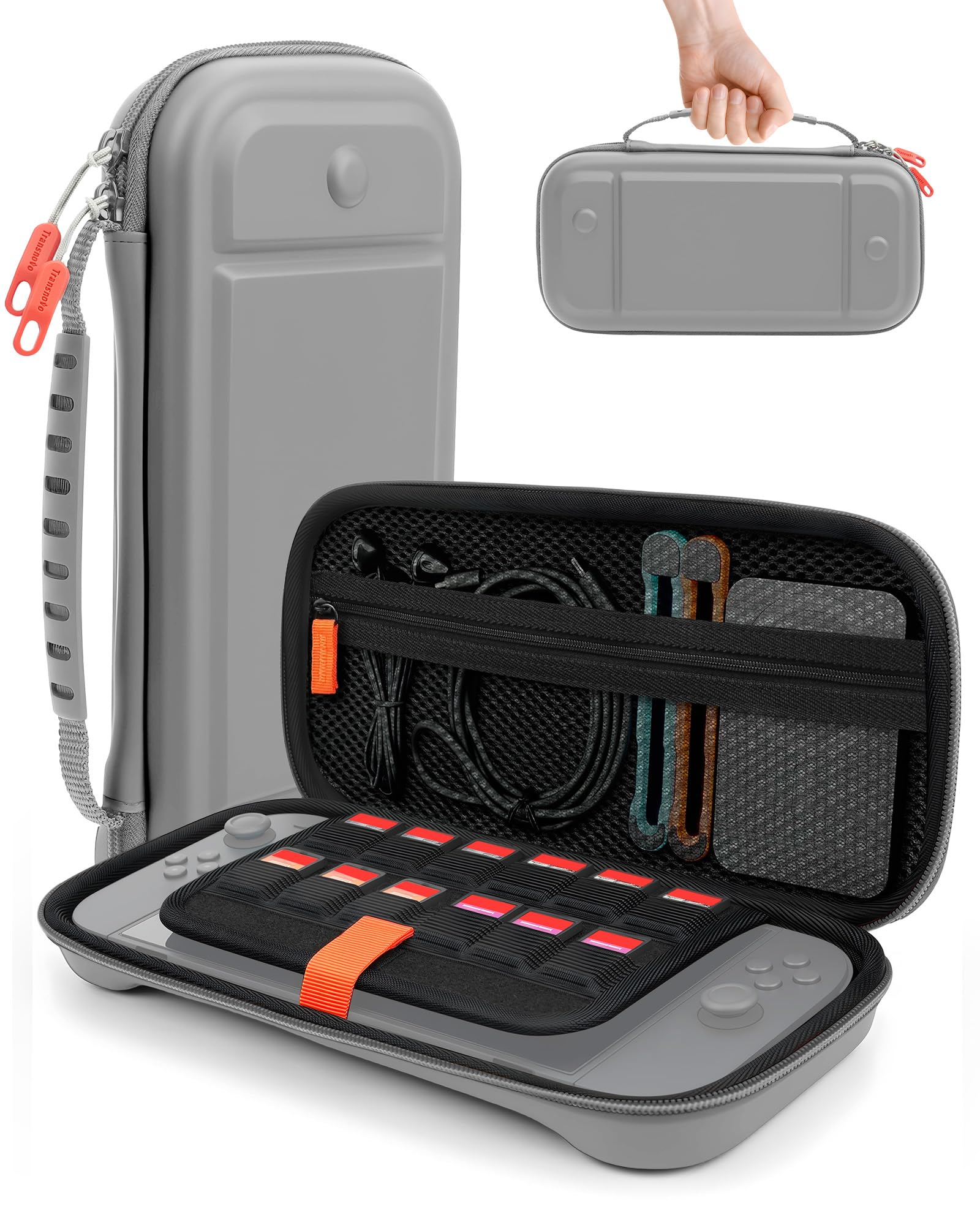 TRANSNOVO Switch 2 Slim Case PU Leather Gray 12 Game Card Slots Compact Bag