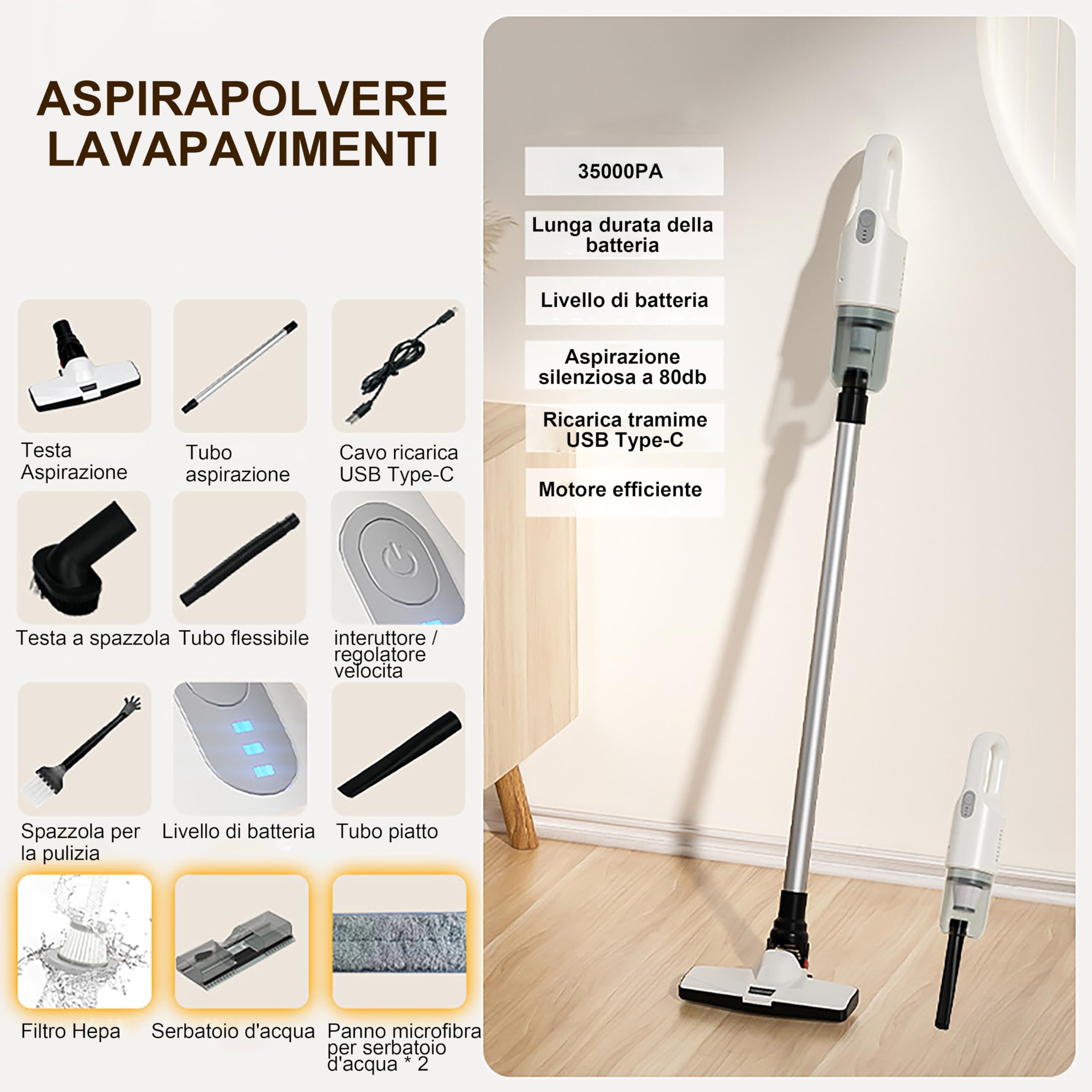 S.I.C Scopa Elettrica Senza Fili Aspriapolvere e Aspira Briciole, Ricaricabile Con USB Type C, Filtro HEPA, Spazzola tradizionale, Tubo Telescopico, Potente 35000PA. (A-031)