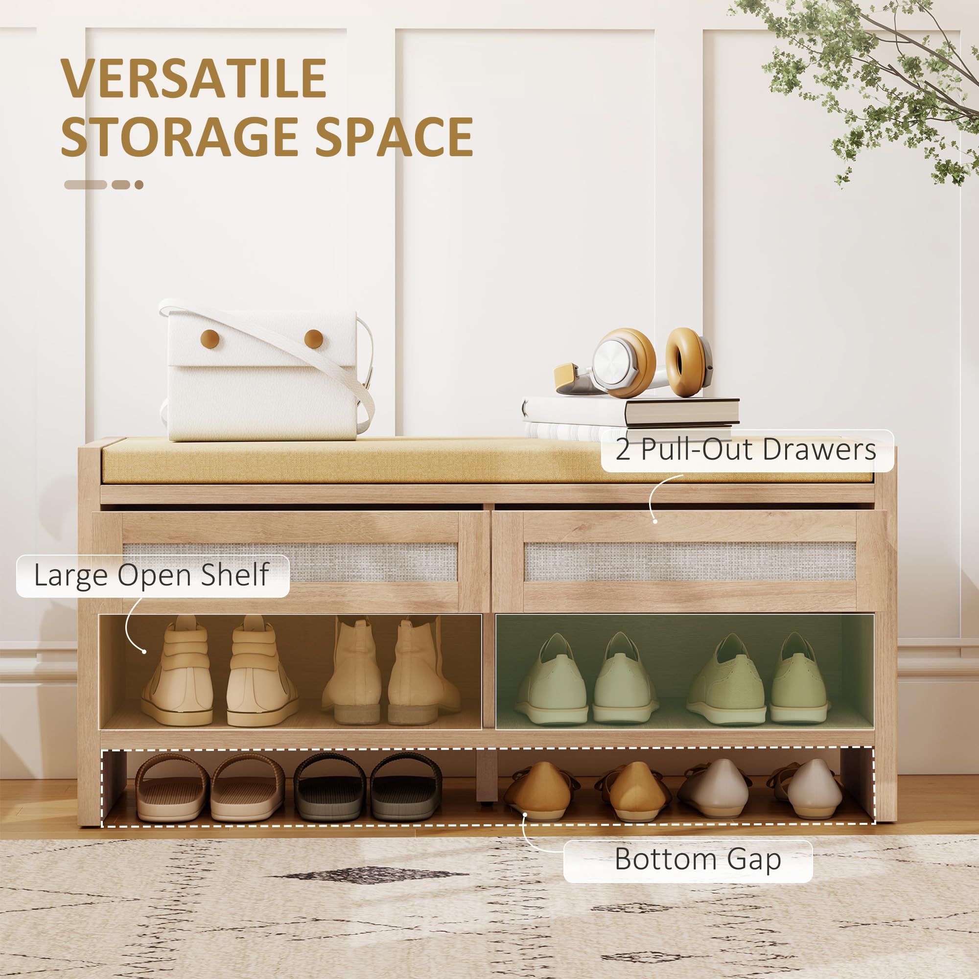 HOMCOM Banco Zapatos 2 cajones ratán 105x35x50cm Efecto Roble | Banco de almacenamiento boho, asiento acolchado aspecto lino, estante abierto, entrada, pasillo, sala de estar, dormitorio