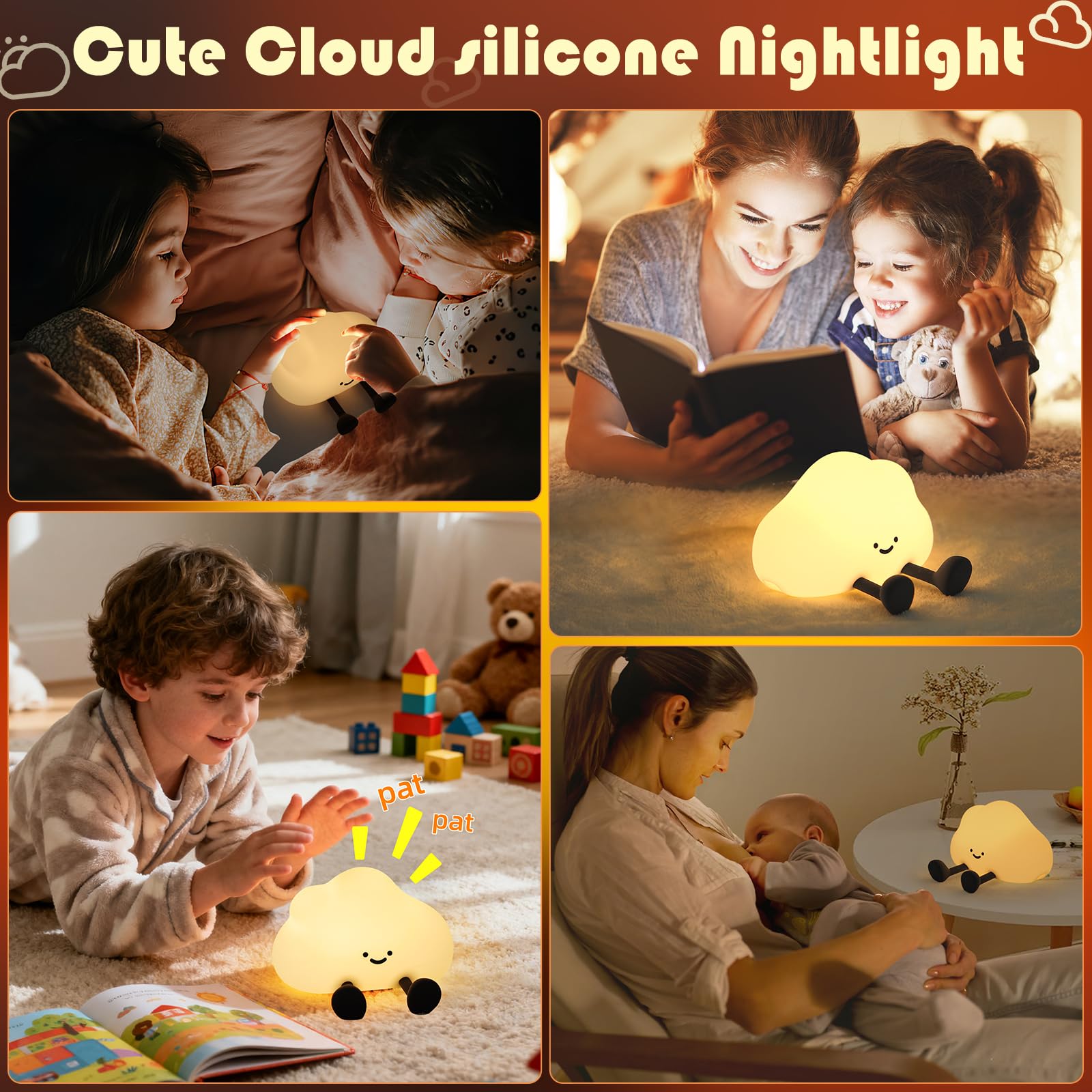YISUN Luz nocturna de nube, bonita lámpara LED, lámpara blanda de silicona, recargable, luz nocturna para guardería con 3 niveles regulables, lámpara táctil para dormitorio, decoración de habitación