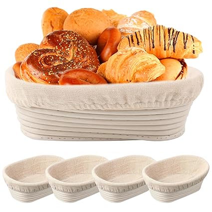 ZYALPACA 10 inch Oval Long Banneton Bread Proofing Basket Sourdough Bread Baking Supplies Set of 4 Sourdough Starter Kit Proofing Bowls for Sourdough Bread Pan Sourdough Gifts for Mom