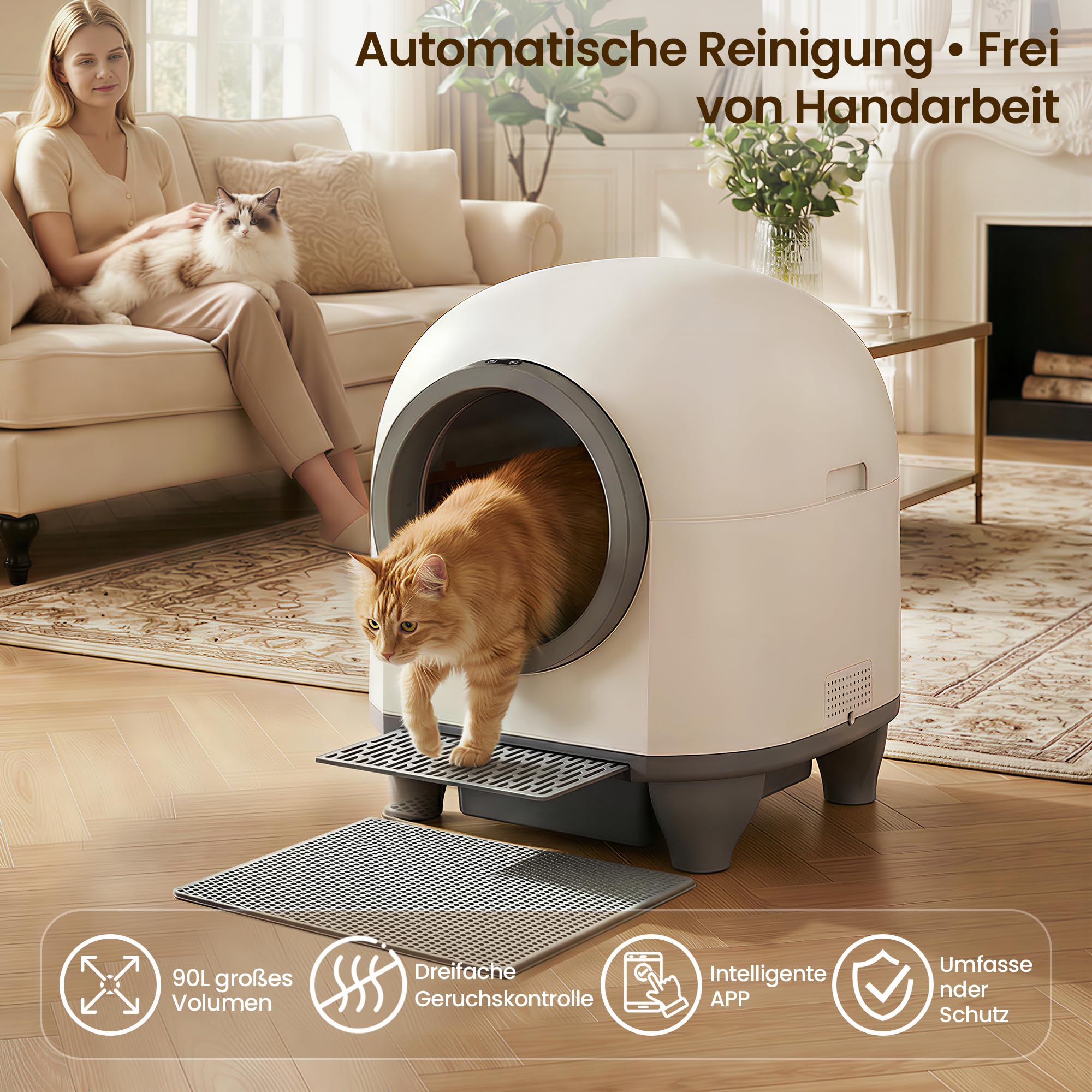 Devoko katzenklo selbstreinigend, 90L selbstreinigende katzentoilette mit niedrigem Einstieg/großem Raum/Geruchsentferner, APP-gesteuerte katzenklo mit Sicherheitssensor inklusive Katzenmatte.