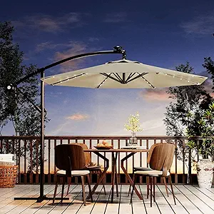 Garvee 10ft Solar Lights Offset Patio Umbrella, Cantilever Umbrella with Easy Lift & Tilt Adjustment, 8 Ribs Sun umbrella UV Protection for Backyard, Pool, Garden - Beige