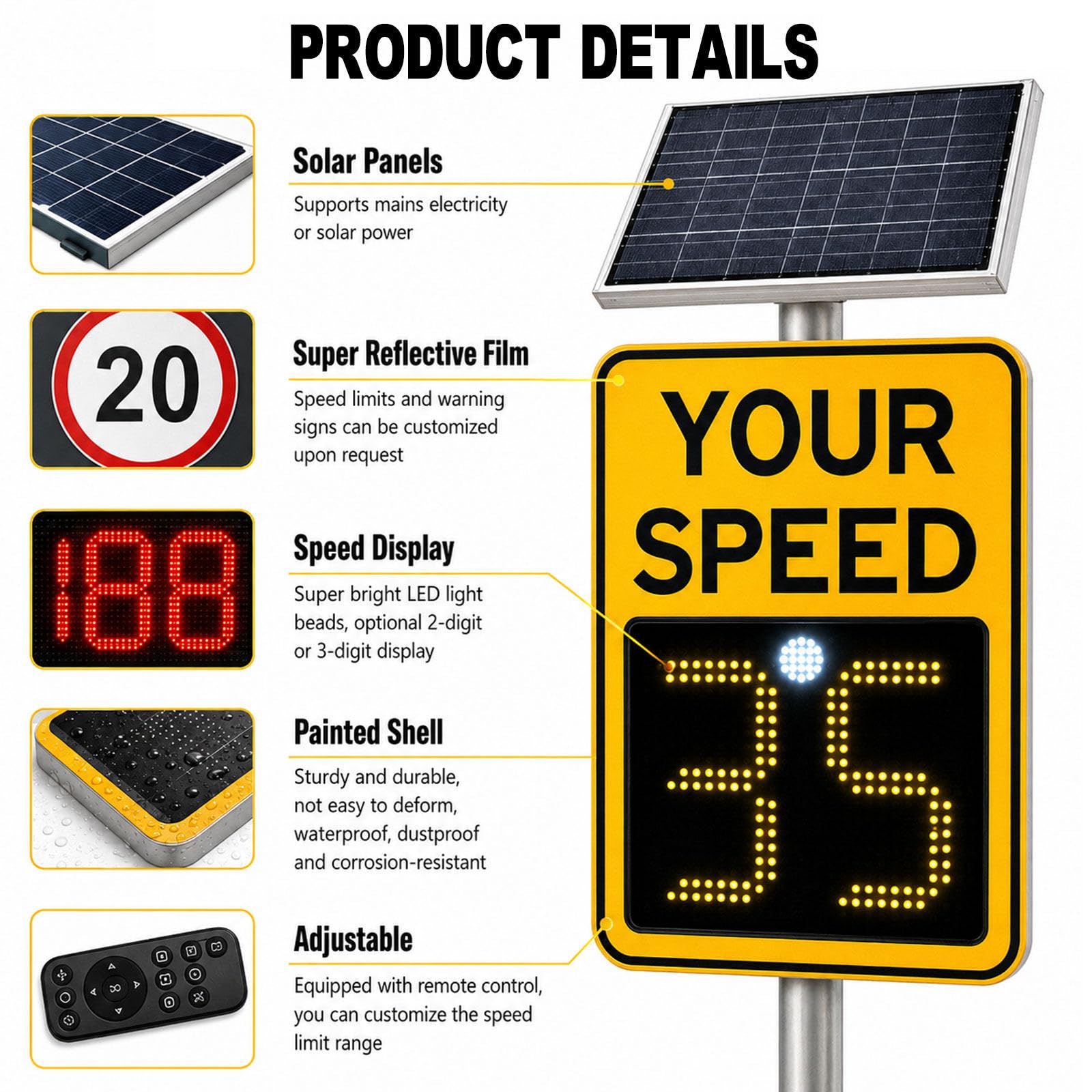 Señal de velocidad con radar alimentado por energía solar Yellow-60x75cm | película reflectante, diseño resistente a la lluvia y la nieve, para control de tráfico en carretera.