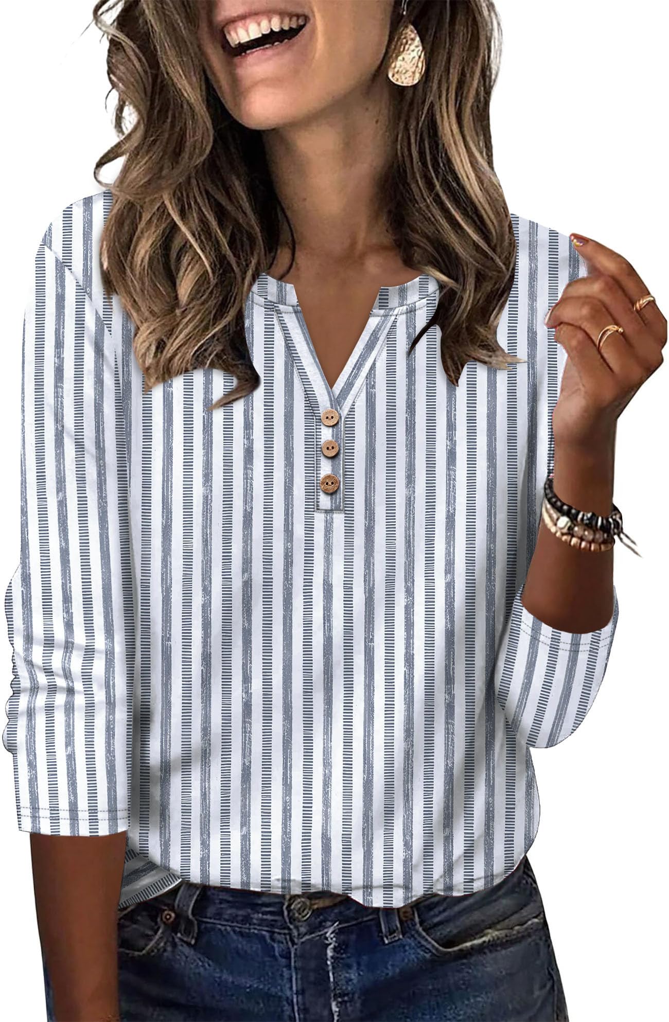 Aokosor Womens 3/4 Sleeve Tops Ladies Blouse V Neck Tunic Long Sleeve T Shirts Curved Hem Office Wear — view 19