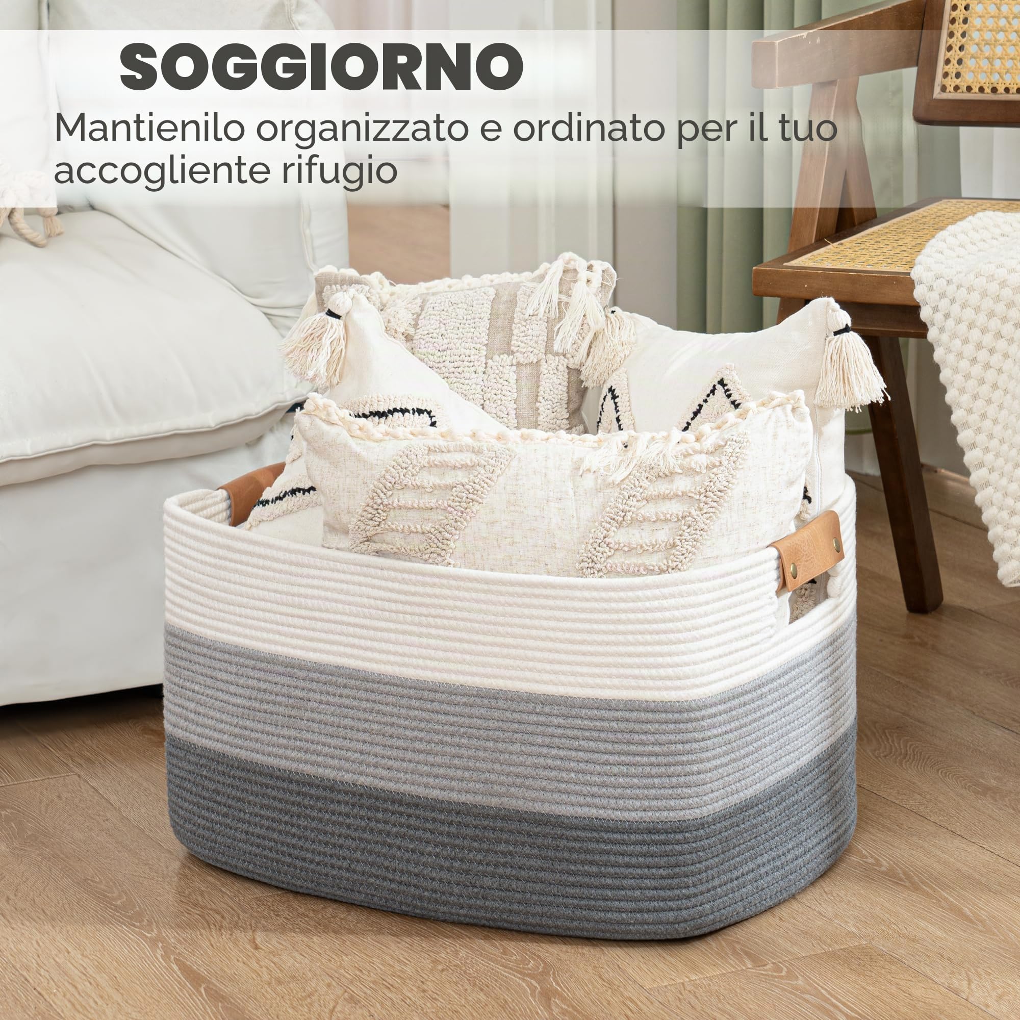 danpinera 72L Cesto Rettangolare Extra Large in Corda di Cotone,Cesto Biancheria per Coperte, Cuscini in Vimini, Portaoggetti Morbido per Bambini e Giocattoli, 43 * 55 * 29cm Bianco con grigio