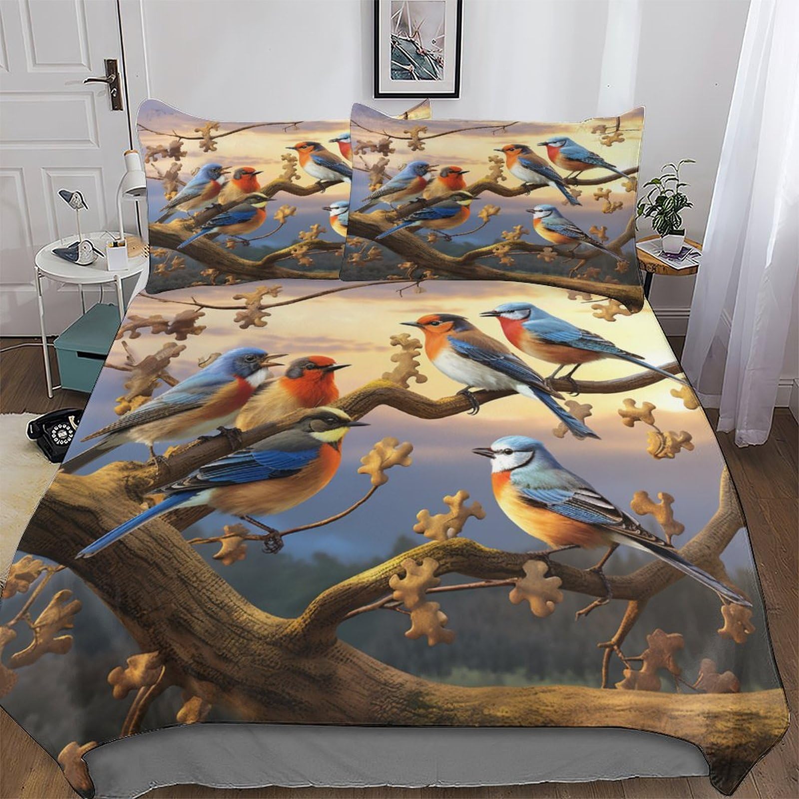 Housse de couette oiseau 220x240 anti-glisse en microfibre douce avec fermeture éclair