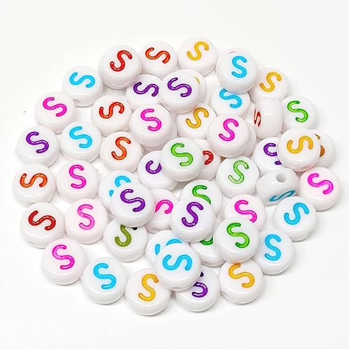 Miniatura 3 de Bxwoum 100 cuentas de la letra S de 0.157 x 0.274 pulgadas, cuentas acrílicas del alfabeto, letras blancas redondas de colores, letras S, para hacer