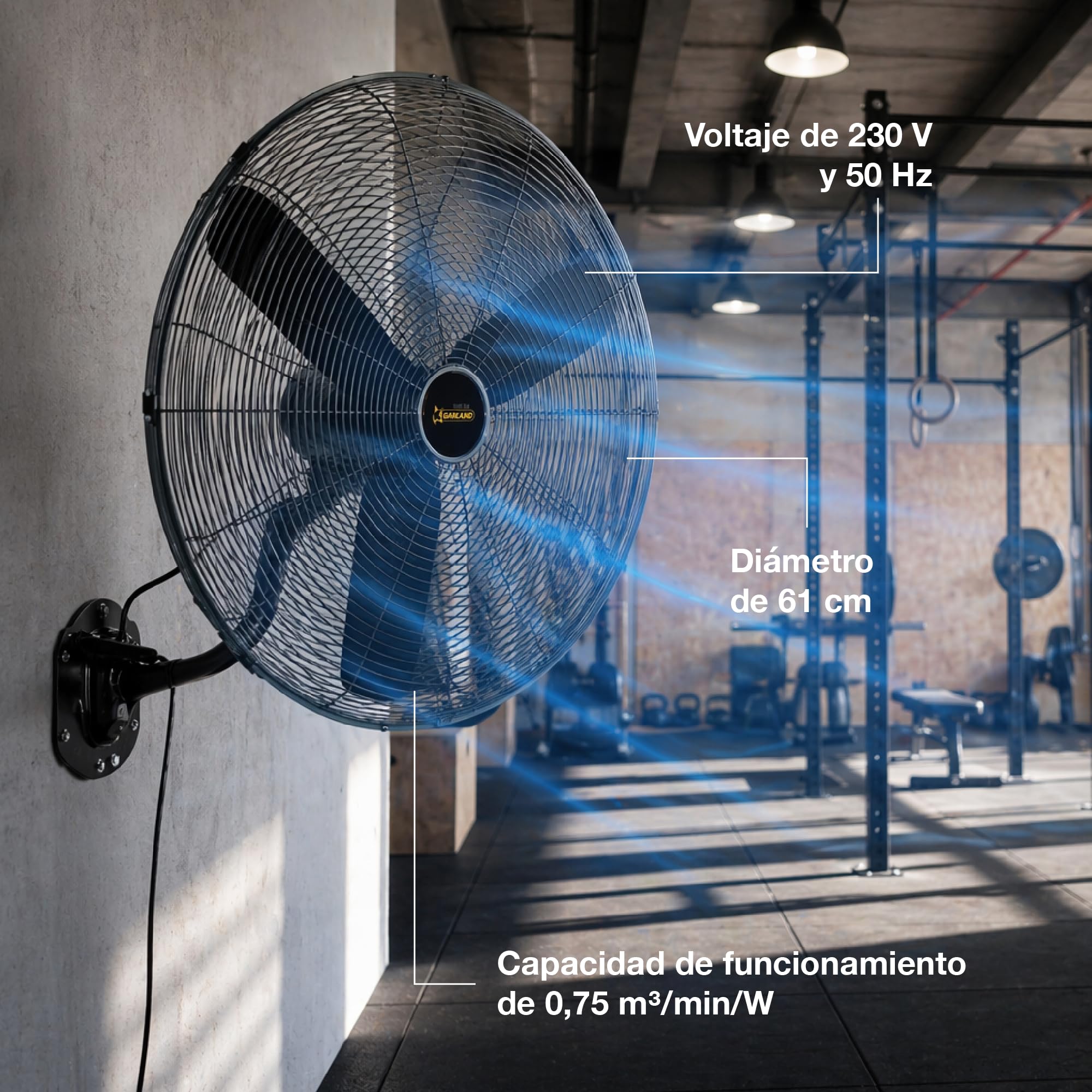 Garland TURBO 24 W-V23 - Ventilador industrial de pared 260W, 196 m³/min, 61 cm, oscilante, cable 3,8 m