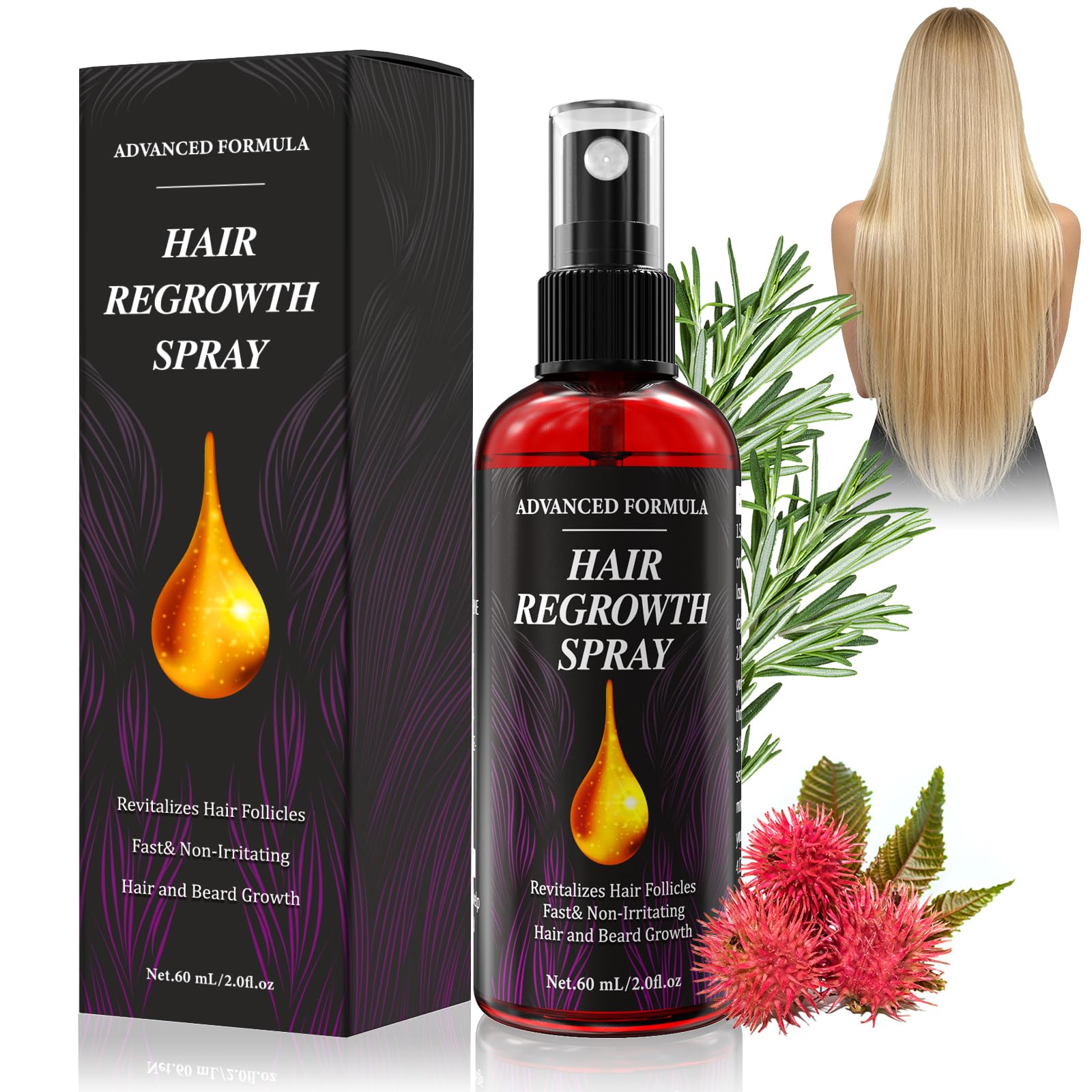 AMAINKI-Ricino e Rosmarino&Biotina,Spray Siero Crescita Capelli,Donna&Uomo | Ricrescita Capelli | Anticaduta Capelli | Rinforza Barba | Diradati e Cuoio Capelluto-60ml