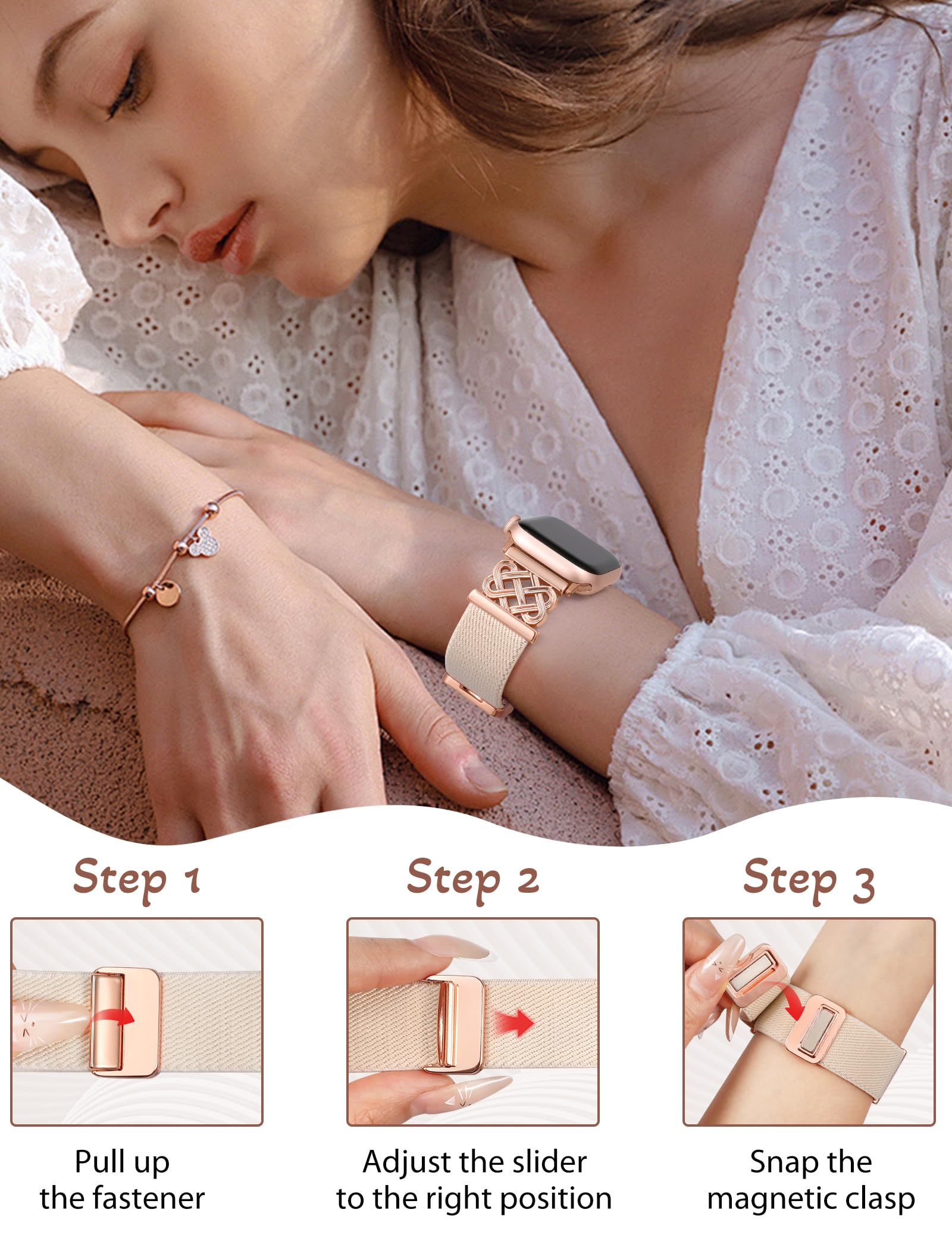 Minyee Magnetic Stretchy Band Compatible with Apple Watch Bands 38/40/41/42/44/45/46/49mm Women Men, Celtic Knot Soft Elastic Nylon Fabric Strap for iWatch Series 11 10 9 8 7 6 5 4 SE/Ultra 3 2 1 — view 5