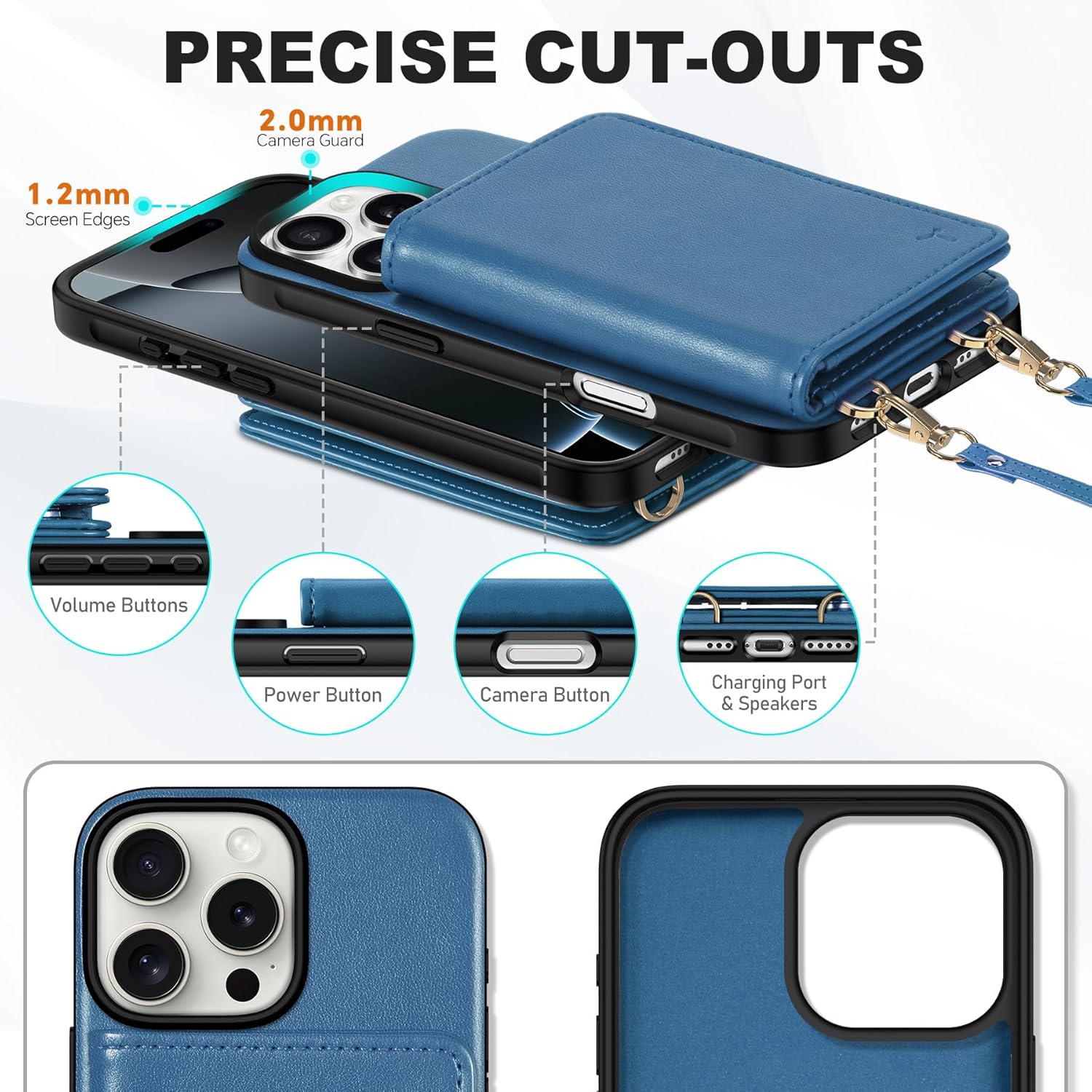 TUCCH Crossbody Case Wallet for iPhone 16 Pro, [Detachable Adjustable Lanyard] PU Leather Magnetic Closure Folio RFID Blocking [6 Card Slots], Protective Phone Cover for iPhone 16 Pro 6.3", Lake Blue - Image 8