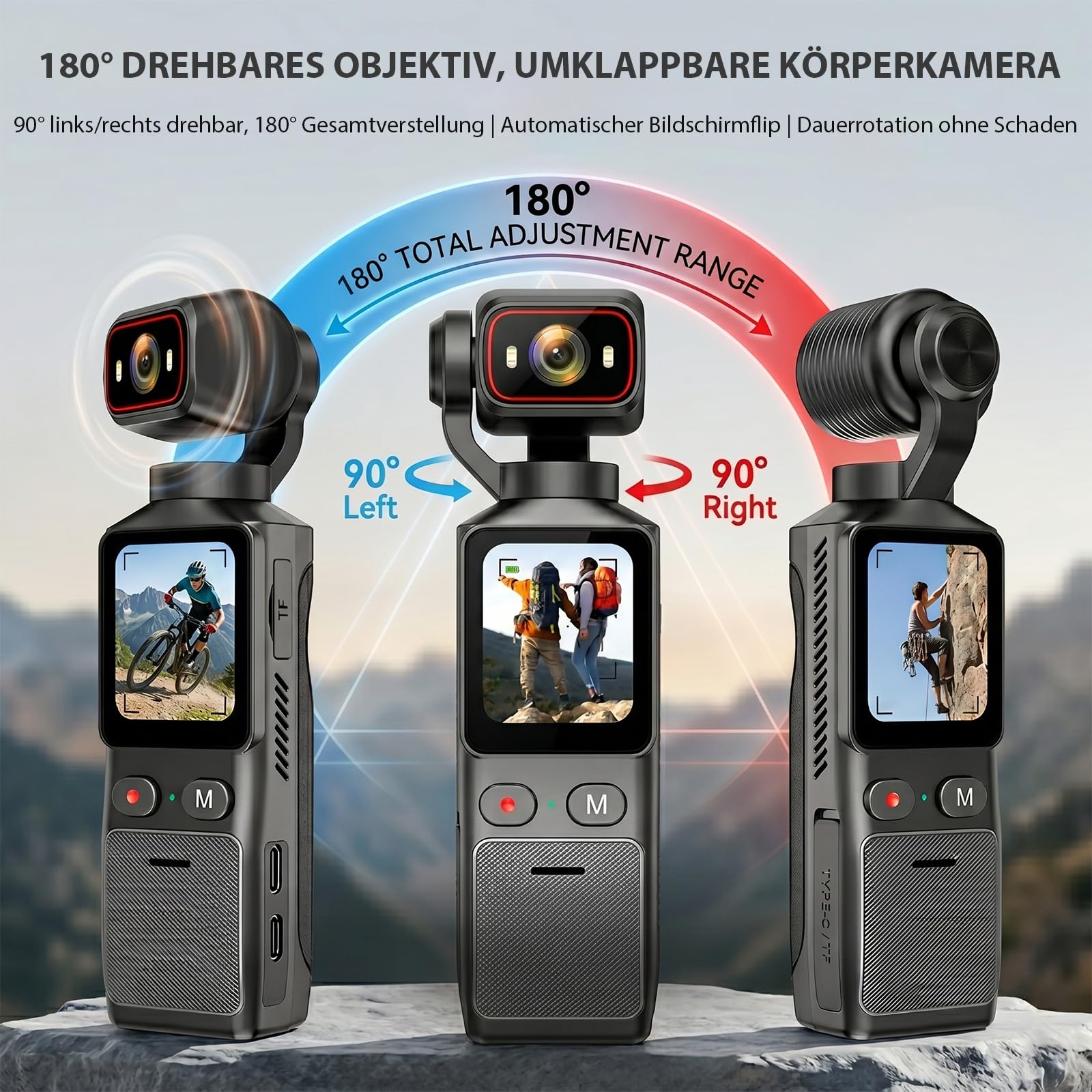4K Körperkamera POV Vlogging Kamera Taschen Bodycam 180° drehbarem Objektiv, 1,69" Touchscreen, EIS Stabilisierung, Body Camera für Sport Vlogging Radfahren Camping