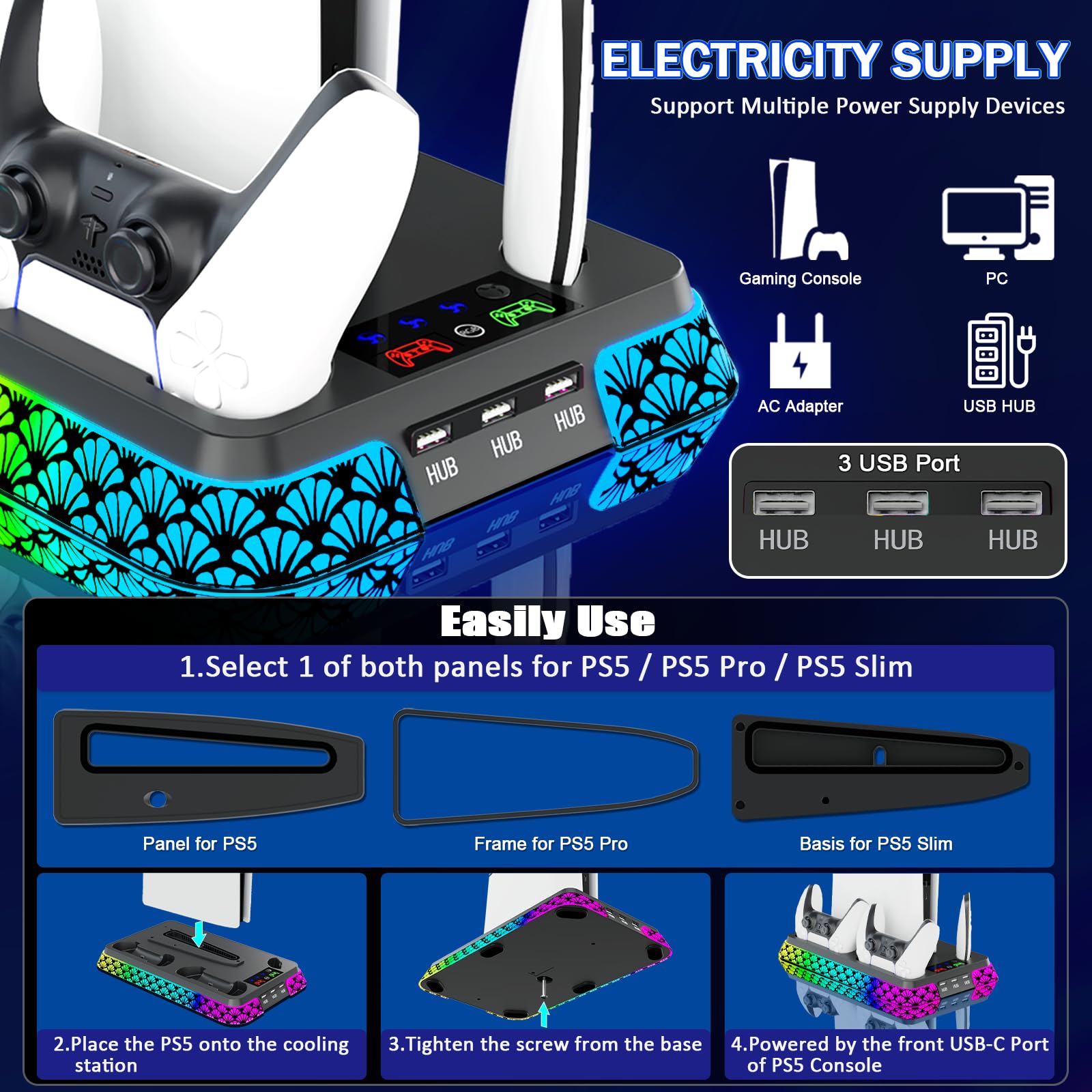 Supporto PS5/Slim/Pro e stazione di raffreddamento con controller LED stazione di ricarica per console PlayStation 5, accessori inclusi, caricabatterie controller, ventola di raffreddamento PS5