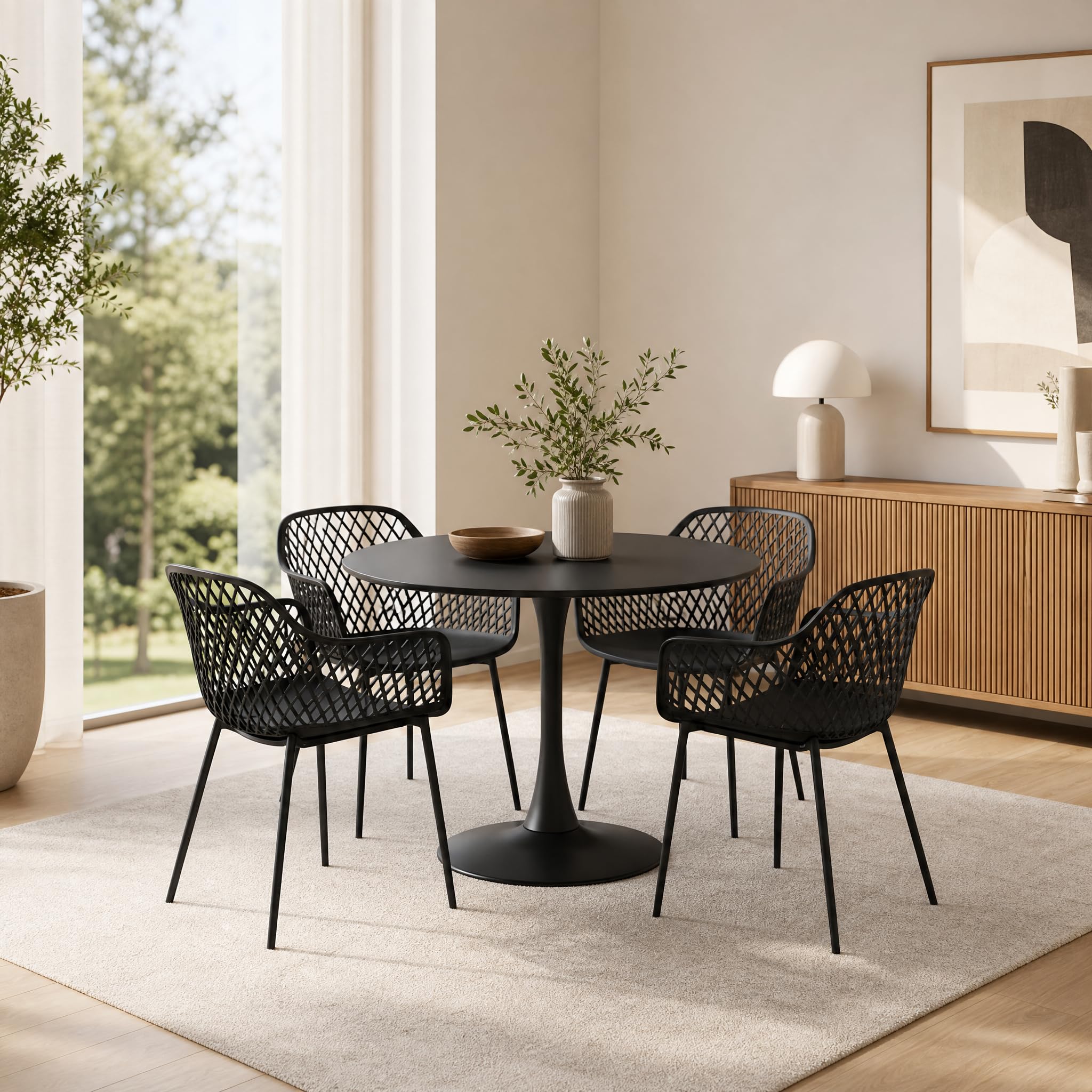 Runder Esstisch mit 4 Stühlen Set, Balkonmöbel Set für Kleinen Balkon, Balkontisch Klein für Garten, Terrasse, Balkon, Schwarzer Tisch (Ø 80 cm) + 4 Schwarze Sessel