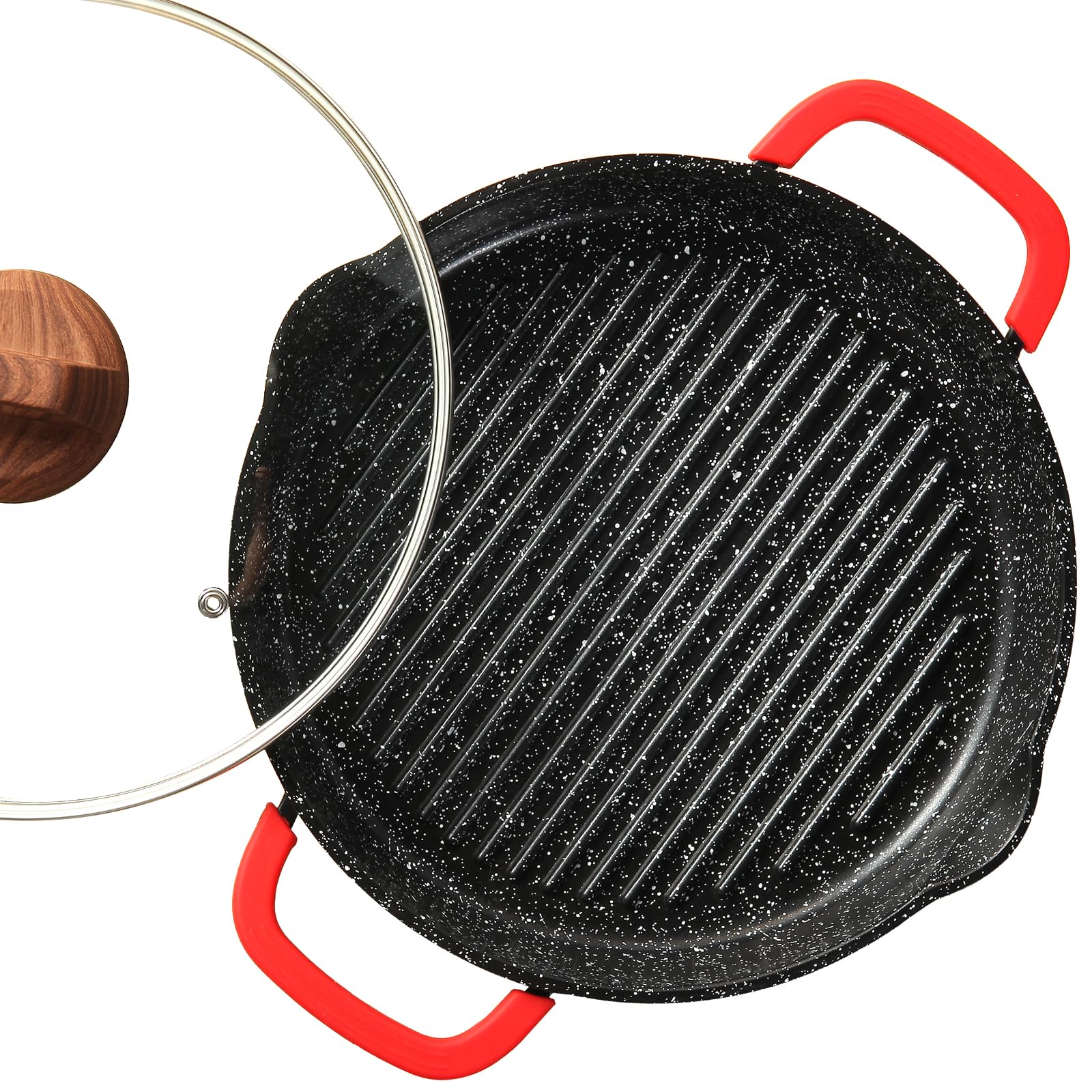 ESLITE LIFE Nonstick Grill Pan with Lid for Stove Tops, 11 Inch Ceramic Coating Round Grill Skillet Compatible with All Stovetops (Gas, Electric & Induction), PFOA Free, Black