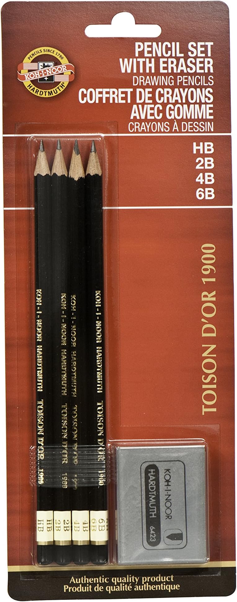 Toison d'Or Graphite Pencil and Kneaded Eraser Set, 4 Degrees, 4 Pencils Per Pack (FA1900.4SET)