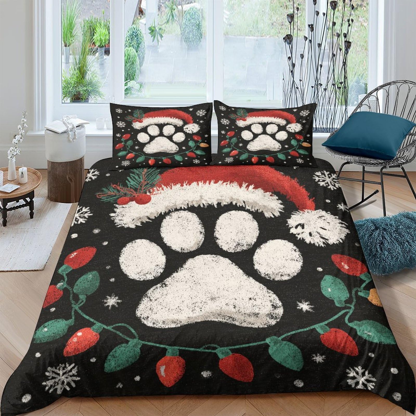 Ctjqhvkz Style-7 3D Printed Christmas Paw Fitted Sheet Microfiber Black Santa Hat Bed Cover For Bedroom Dorm Mattress Protection Decor Single（135X200cm）
