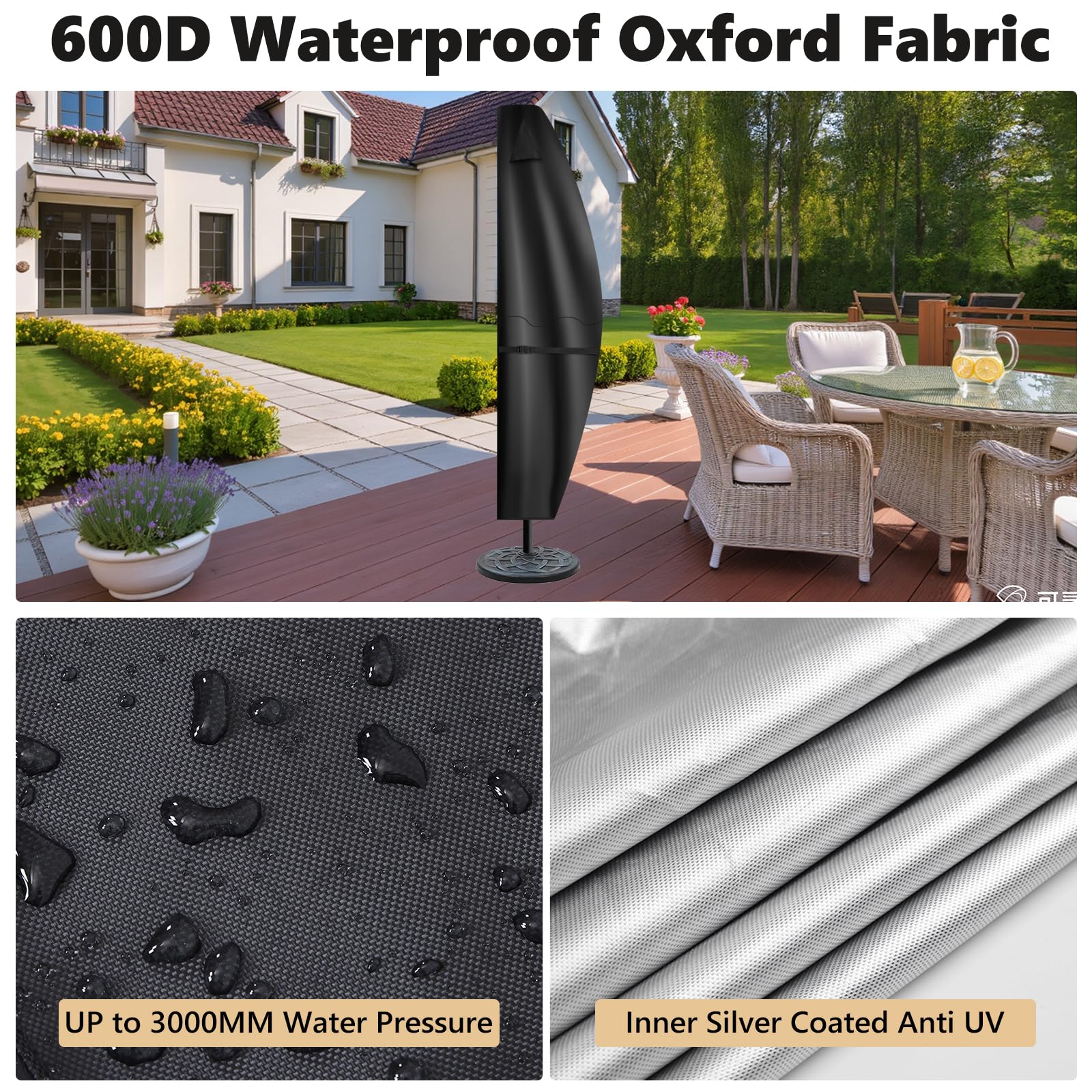 Copertura per ombrellone da patio per ombrellone offset da 3,4 a 4 m, impermeabile 600D, copertura per ombrellone da esterno a sbalzo, protezione per tutte le stagioni, con robusta cerniera