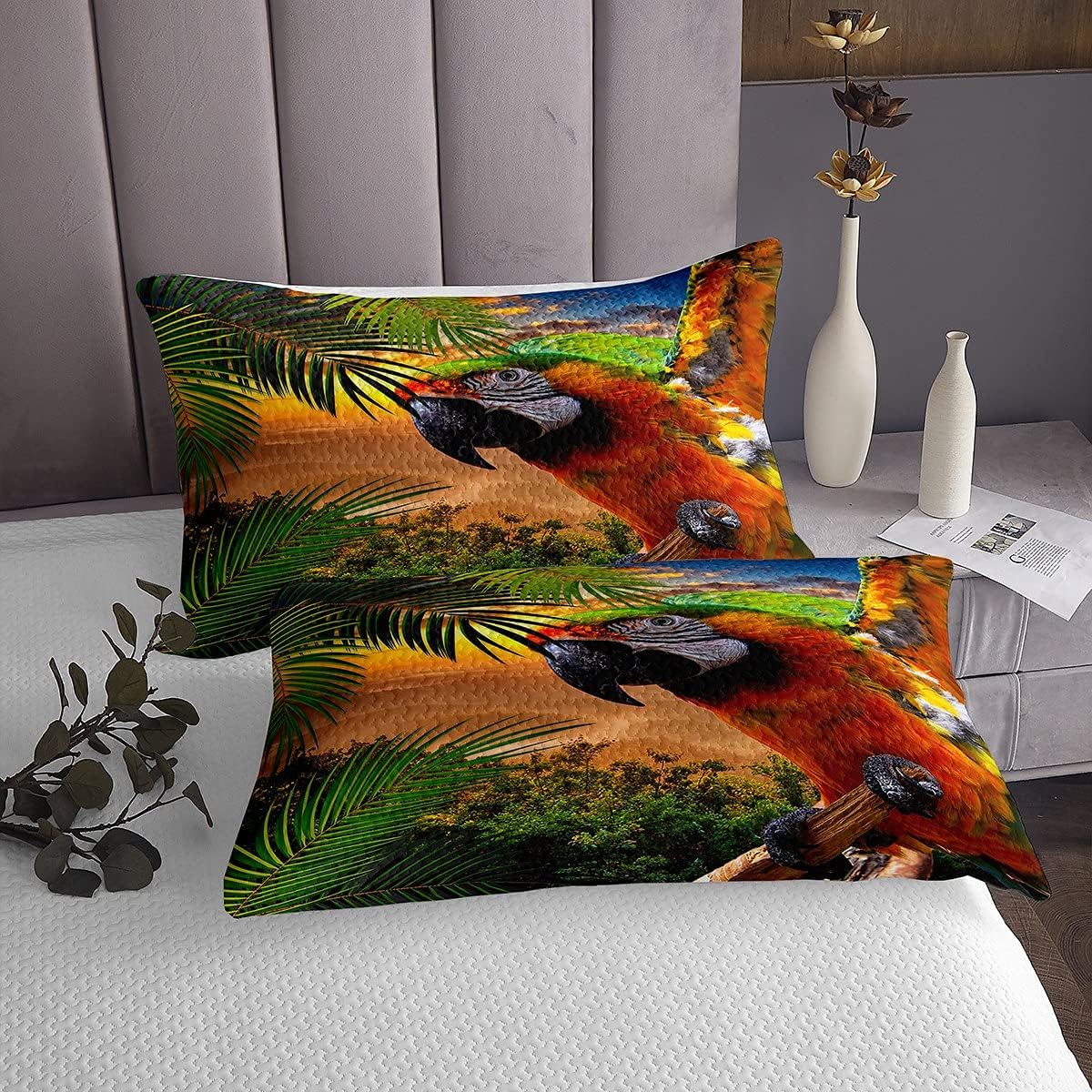 Best Cyber Deals 🔥 Erosebridal Parrot Bedspread Jungle Wild Birds Animals Bedding Set Tropical Coverlet Set for Kids Boys Girls Colorful Feather Sunset Sunrise Bed Cover with 2 Pillow Cases King Size