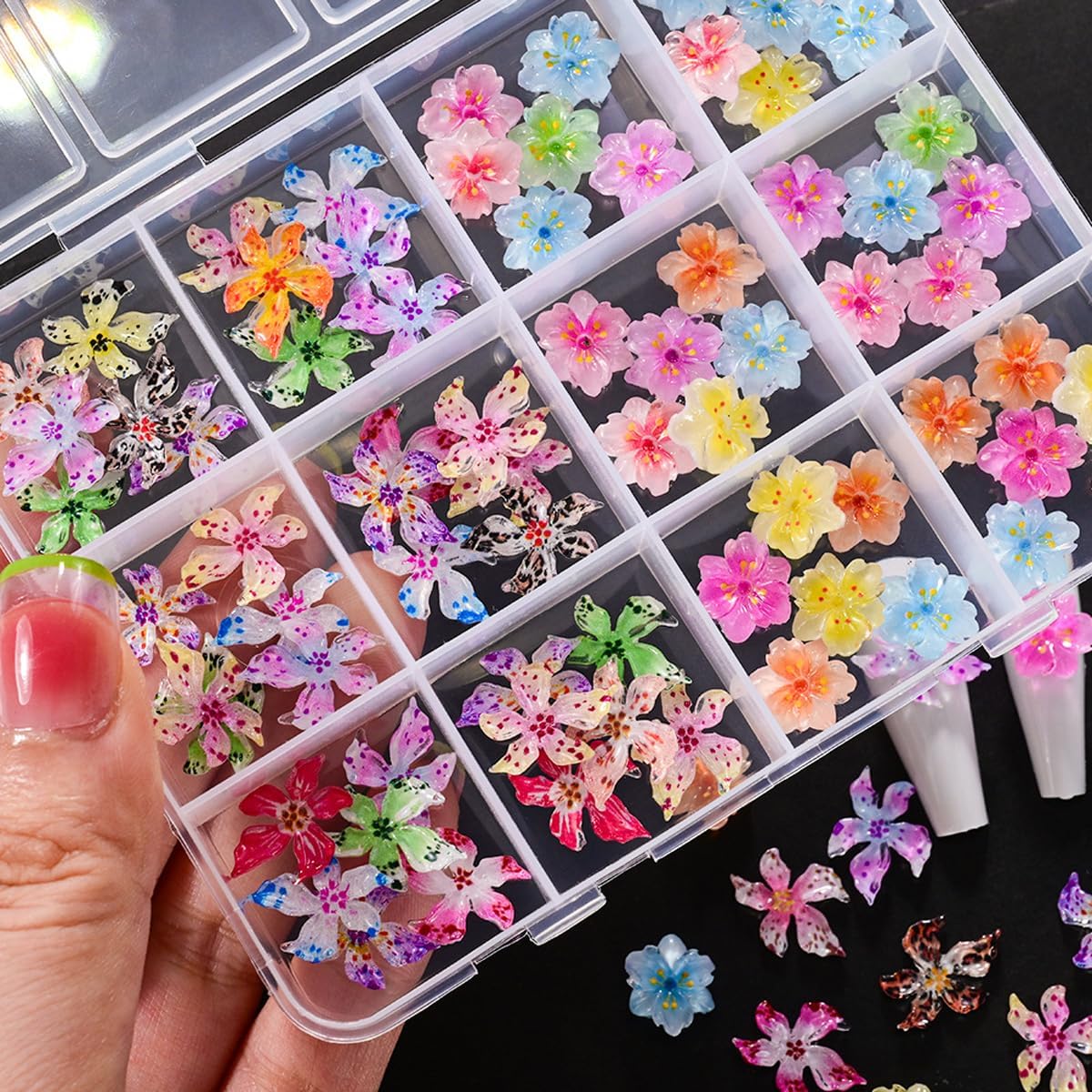 Flower Nail Art Charms - 3D Hawaii Flower Nail Rhinestones Floral Nail Gems Colorful Floral Nail Charms Summer Nail Diamonds Spring Nail Jewelry Tiny Flowers Nail Design for Women 1Boxes - 72Pcs