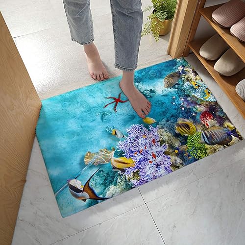 Alfombra de baño de 16 x 24 pulgadas absorbente lanuda alfombra de baño para el mundo submarino peces de mar arrecife de coral concha de anclaje