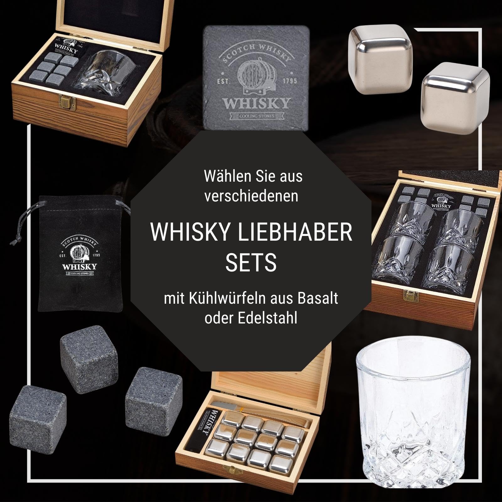 WOMA Whisky Steine Set I 4 Kühlwürfel inkl. Untersetzer, Edelstahlzange, Whiskey Glas & hochwertiger Holzbox I Wiederverwendbare Eiswürfel für Whiskey Wodka Gin Rum Tequila & Cocktails