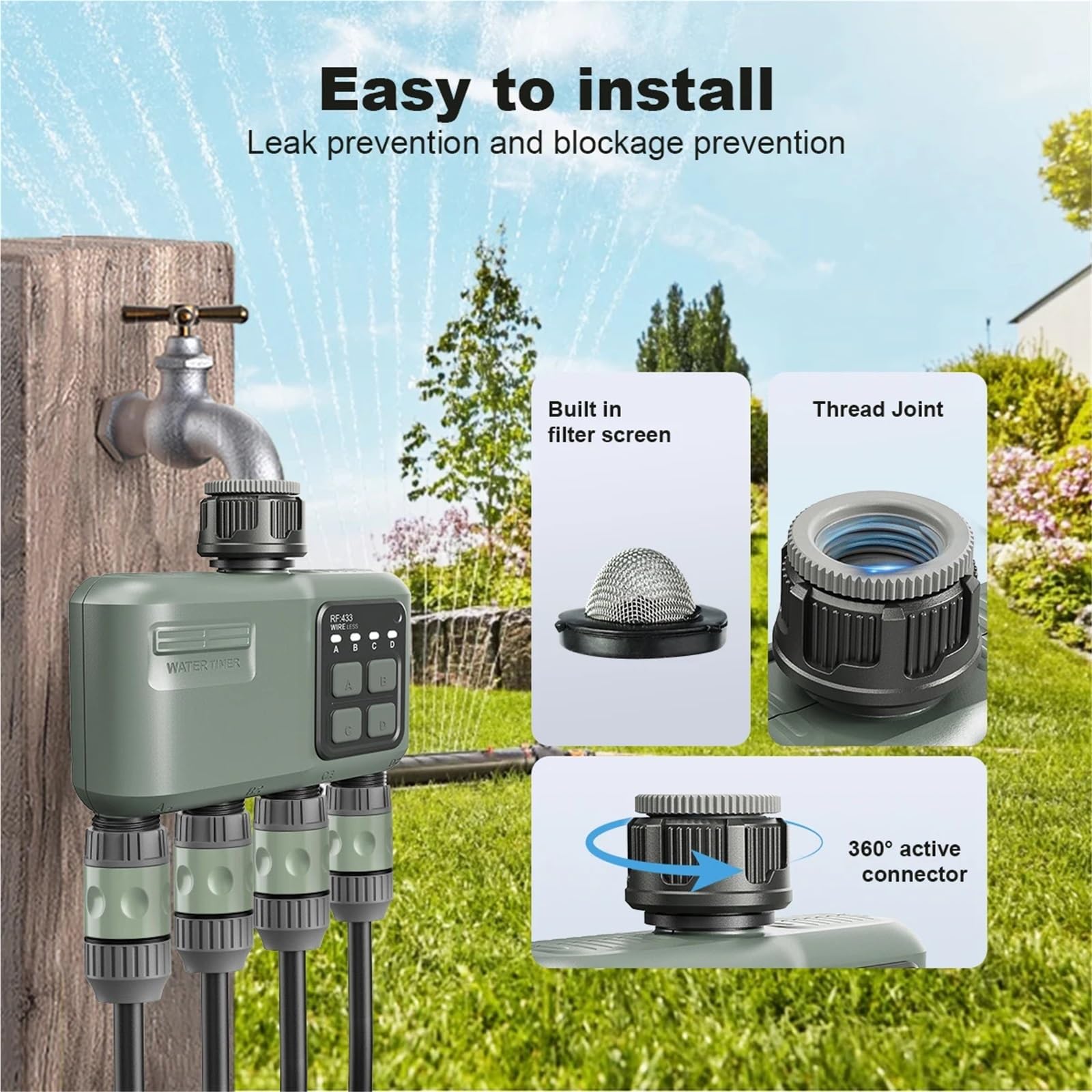 Wifi + RF433 Smart Garden Sprinkler Water Timer 4-Outlet Rain Delay Filtro Programmabile Controller automatico di irrigazione