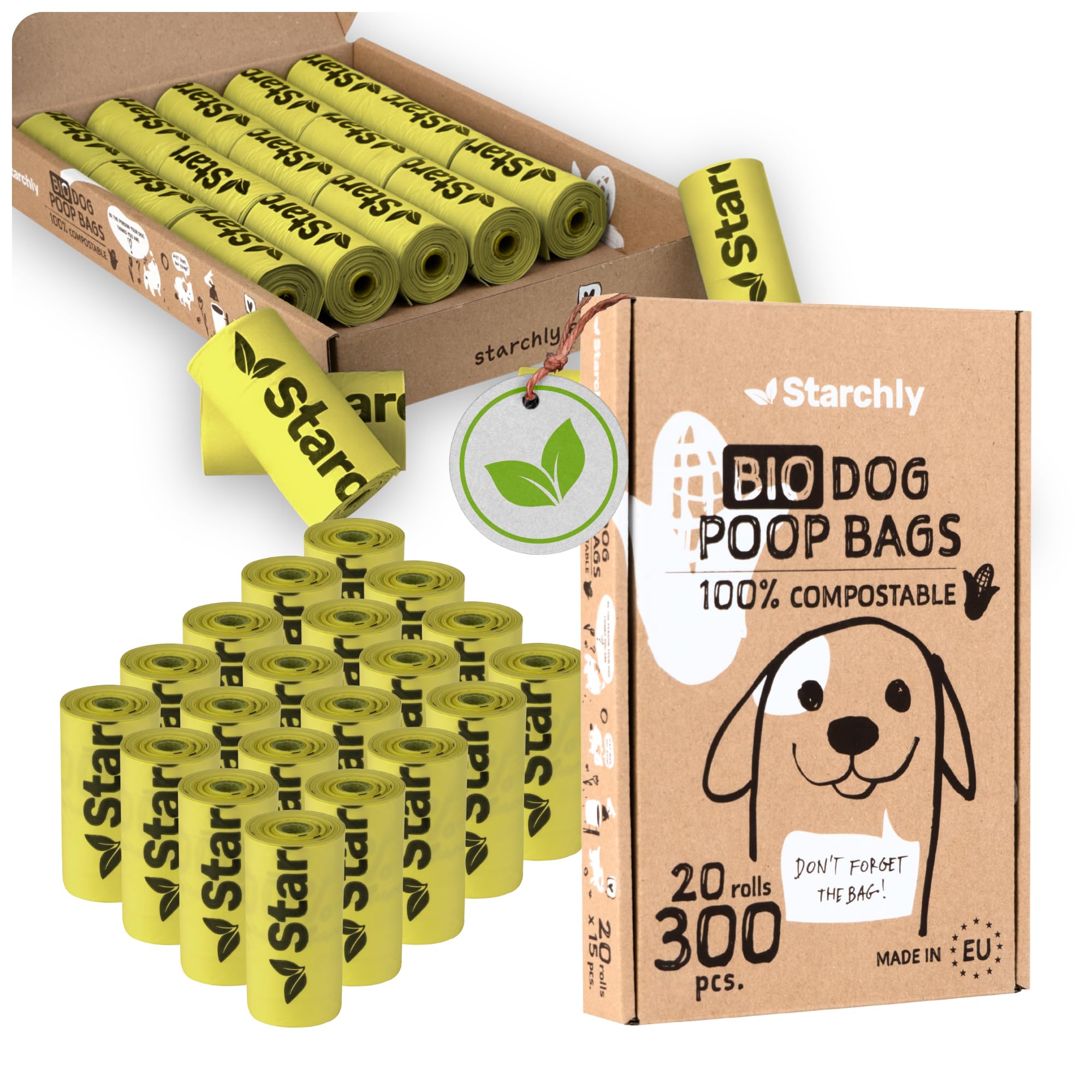 300 Sacs à crottes pour chiens - 20 rouleaux de Sacs pour déchets canins - bio et compostables en amidon de maïs - 15 par rouleau - Résistants à la déchirure, étanches, verts - MADE IN EU
