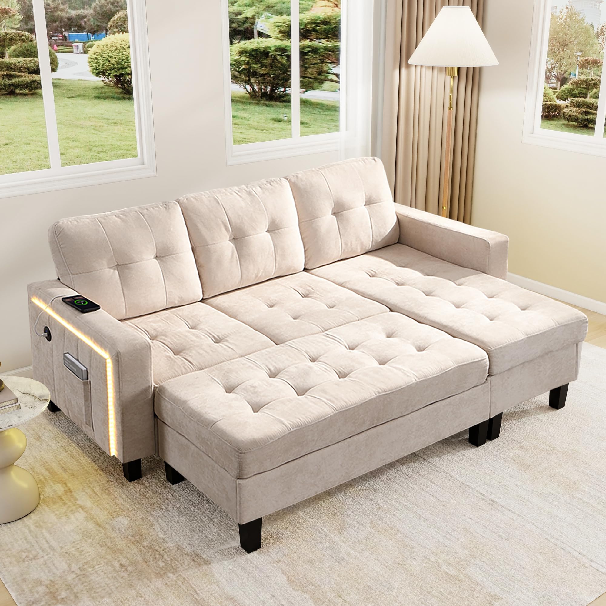 Canapé Modulable L 3 Places avec Ottoman XXL, LED et USB - Convertible en Lit Double, Tissu Chenille - pour Salon ou Appartement