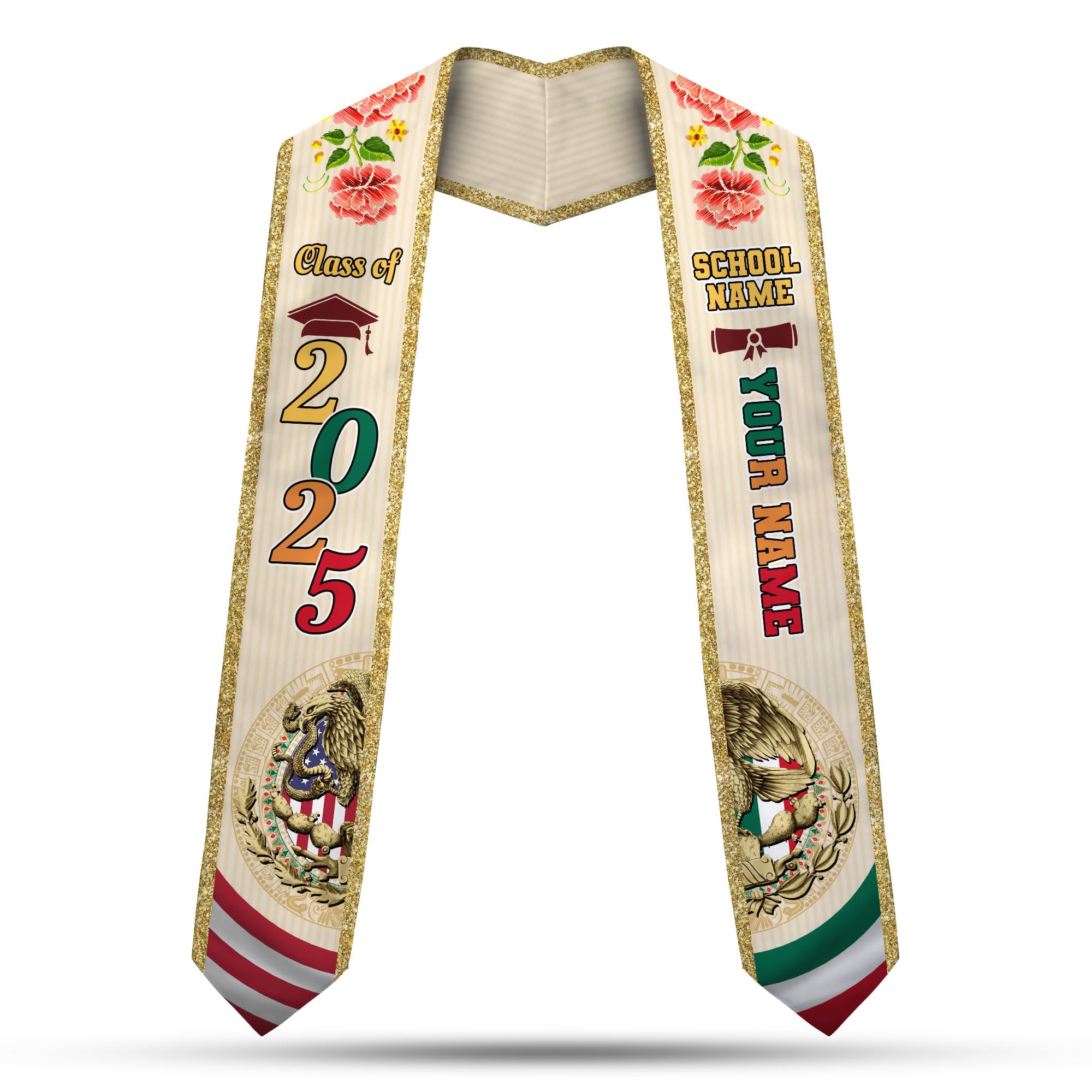 MonkeyVan Custom Mexican Graduation Sash Mexico Graduation Stole 2025 Mexican American Flag Graduation Sash Mexican Graduation M33